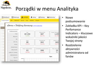Porządki w menu Analityka
                  • Nowe
                    podsumowanie
                  • Zakładka KPI – Key
                    Perfomance
                    Indicators – kluczowe
                    wskaźniki jakości
                    Twojej strony
                  • Rozdzielenie
                    aktywności
                    administratora od
                    fanów
 