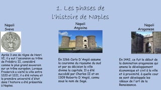 1. Les phases de
l'histoire de Naples
Napoli
Sveva
Napoli
Angioina
Napoli
Aragonese
Après 3 ans de règne de Henri
VI, il y eut l'ascension au trône
de Frédéric II, considéré
comme le plus grand souverain
sur un trône européen. Lorsque
Frederick a visité la ville entre
1220 et 1221, il a été retenu et
la première université d'état
dans l'histoire a été présentée
à Naples.
En 1266 Carlo D'Angiò assume
la couronne du royaume du sud
et par sa décision la ville
divnne la capitale. Il a été
succédé par Charles II et en
1309 Roberto D'Angió, connu
sous le nom de Sage.
En 1442, ce fut le début de
la domination aragonaise qui
amena le développement
économique et civil à la ville
et à proximité. à quelle cour
se sont développés les
idéaux de l'art de la
Renaissance.
 