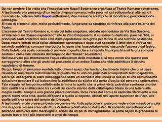Da non perdere è la visita che l'Associazione Napoli Sotteranea organizza al Teatro Romano sotterraneo. A testimoniare la presenza di un teatro di epoca romana, nella zona nel cui sottosuolo si alternano i cunicoli e le cisterne della  Napoli  sotterranea, due massicce arcate che si incontrano percorrendo Via Anticaglia. Si  tratta  di elementi, che, molto probabilmente, fungevano da strutture di rinforzo alla parte esterna del Teatro. L'accesso del Teatro Romano è, in via del tutto singolare, ubicato non lontano da Via San Gaetano, all'interno di un "basso napoletano" sito in Vico Cinquesanti, il cui nome fu dedicato, pare nel '600, ai principali santi protettori della città dalla popolazione loro grata per la fine di una terribile pestilenza. Dopo essere entrati nella tipica abitazione partenopea e dopo aver spostato il letto che si ritrova nel secondo ambiente, compare una botola in legno che, inaspettatamente, nasconde l'accesso del teatro. Dalla botola una scala consente di arrivare in quella che era ritenuta fino a pochi anni fa una comune cantina e come tale utilizzata dall'inquilino del "basso" sovrastante. Nell'osservare più attentamente l'opus reticolatum delle murature ci si rese conto che queste non sorreggevano altro che gli archi del proscenio di un antico Teatro che vide addirittura il debutto napoletano di Nerone. Da qui, lungo un percorso seminterrato, diversi spazi, che lasciano facilmente intuire che ci si trova davanti ad una chiara testimonianza di quello che fu uno dei principali ed importanti teatri napoletani, salvo poi accorgersi di stare passeggiando sotto un corridoio che unisce le due ali di una comunissima abitazione popolare il cui balconcino fa addirittura da stipite alla porta d'uscita dal percorso sotterraneo. Tale viaggio nel tempo incredibilmente termina in quello che, a prima vista, potrebbe sembrare uno dei tanti cortili che si affacciano tra i vicoli del centro storico della città   Papino Stazio in una lettera alla moglie esalta i templi e una grande piazza porticata, forse l'area del Foro e fa esplicito riferimento a due grandi teatri nella città, quello all'aperto e quello al coperto, ubicati nell aparte superiore del Foro, alle spalle dell'area sacra del tempio dei Dioscuri. A testimoniare tale presenza basta percorrere  via Anticaglia  dove si possono vedere due massicce arcate che in epoca romana erano strutture di rinforzo dell'esterno del teatro. Scendendo nel sottosuolo si potranno ammirare altre meraviglie e, armati da un po' di immaginazione, si potrà capire la grandezza di questo teatro, tra i più importanti e ampi del tempo 