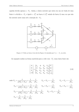 Faltas Trifásicas Simétricas Prof. Luciano V. Barboza 
aquelas devido apenas a .fV− Assim, a única corrente que entra em um nó vinda de uma fonte é a devido a fV− e igual a fI′′− na barra 4 (fI′′ saindo da barra 4) uma vez que não há corrente neste ramo até a inserção de .fV− 
2GE′′ 2GX′′ 1GE′′ 1GX′′ ME′′ MX′′ fI′′ fV− 
Figura 1.7. Falta na barra 4 da rede da Figura 1.6 simulada por em série. e fV − 
As equações nodais na forma matricial para a rede com fV− como única fonte são 
111131422232423132333434142434400000ffVYYYYYYVYYYYVIYYYYV⎡⎤⎡⎤⎡⎤⎢⎥⎢⎥⎢⎥⎢⎥⎢⎥⎢⎥⎢⎥⎢⎥⎢= ⎢⎥⎢⎥⎢ ⎢⎥⎢⎥⎢⎥⎢⎥⎢⎥⎢⎥′′−⎢⎥−⎢⎥⎣⎦⎣⎦⎣⎦ +++ (1.9) 
onde 11111311()GTY jXXjXjX=+ ′′+ 1331131YYjX==− 1441141YYjX==− 
2232311()MTY jXXjXjX=+ ′′+ 2332231YYjX==− 2442241YYjX==− 
3322132334111()GTY jXXjXjXjX=++ ′′+ 3443341YYjX==− 
44142434111YjXjXjX=++ 
Sistemas de Potência II 9 
 