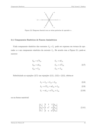Componentes Simétricos Prof. Luciano V. Barboza 
Figura 2.3. Diagrama fasorial com as várias potências do operador a. 
2.4. Componentes Simétricos de Fasores Assimétricos 
Cada componente simétrico das correntes pode ser expresso em termos do ope- rador a e um componente simétrico da corrente De acordo com a Figura 2.1, pode-se escrever e BII.AI 
(2.7) 211122220000BACABACBACAIaIIaIIaIIaIIIII== = == 
Substituindo as equações X(2.7)X nas equações X(2.1)X, X(2.2)X e X(2.3)X, obtêm-se 
(2.8) 12AAAAIIII=++ 
(2.9) 212BAAIaIaII=++ 
(2.10) 212CAAIaIaII=++ 
ou na forma matricial 
0212211111AABCAIIIaaIIaa⎡⎤⎡⎤⎡⎤⎢⎥⎢⎥⎢⎥⎢⎥⎢⎥⎢⎥=⎢⎥⎢⎥⎢⎥⎢⎥⎢⎥⎢⎥⎢⎥⎣⎦⎣⎦⎣⎦ (2.11) 
Sistemas de Potência II 24 
 