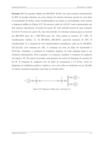 Componentes Simétricos Prof. Luciano V. Barboza 
Exemplo 2.3: Um gerador trifásico de 300 MVA, 20 kV, tem uma reatância subtransitória de 20%. O gerador alimenta um certo número de motores síncronos através de uma linha de transmissão de 64 km, tendo transformadores em ambas as extremidades, como mostra o diagrama unifilar da Figura 2.17. Os motores, todos de 13,2 kV, estão representados por dois motores equivalentes. O neutro do motor está aterrado através de uma reatância de 0,4 Ω. O neutro do motor não está aterrado. As entradas nominais para os motores são 200 MVA para e 100 MVA para Para ambos os motores O transformador trifásico de 350 MVA, 230/20 kV, apresenta reatância de 10%. O transformador é composto de três transformadores monofásicos, cada um de 100 MVA, 127/13,2 kV, com reatância de 10%. A reatância em série da linha de transmissão é 0,5 Ω/km. Considere a reatância de seqüência negativa de cada máquina igual à sua reatância subtransitória. Para o gerador e os motores, considere a reatância de seqüência zero igual a 5%. No neutro do gerador está presente um reator de limitação de corrente de 0,4 Ω. A reatância de seqüência zero da linha de transmissão é 1,5 Ω/km. Trace os diagramas de seqüências positiva, negativa e zero com todas as reatâncias em pu. Escolha os valores nominais do gerador como base no circuito deste. 1M2M1M2.M20%.X′′= 1,T2T 
Figura 2.17. Diagrama unifilar para o Exemplo 2.3. 
Sistemas de Potência II 41 
 
