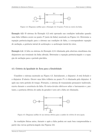 Estabilidade de Sistemas de Potência Prof. Luciano V. Barboza 
0,2dXj′= 
Figura 4.4. Diagrama unifilar para o Exemplo 4.2. O ponto P está no centro da linha. 
Exemplo 4.3: O sistema do Exemplo 4.2 está operando nas condições indicadas quando uma falta trifásica ocorre no ponto P (meio da linha) mostrado na Figura 4.4. Determine a equação potência-ângulo para o sistema nas condições de falta, a correspondente equação de oscilação, a potência inicial de aceleração e a aceleração inicial do rotor. 
Exemplo 4.4: A falta no sistema do Exemplo 4.3 é eliminada pela abertura simultânea dos disjuntores nos terminais da linha afetada. Determine a equação potência-ângulo e a equa- ção de oscilação para o período pós-falta. 
4.5. Critério da Igualdade de Área para a Estabilidade 
Considere o sistema mostrado na Figura 4.5. Inicialmente, o disjuntor A está fechado e o disjuntor B aberto. Ocorre uma falta trifásica no ponto P e é eliminada pelo disjuntor A após um curto período de tempo. Portanto, o sistema de transmissão permanece inalterado, exceto durante a ocorrência da falta. O curto-circuito efetiva-se sobre o barramento e, por- tanto, a potência elétrica de saída do gerador é zero até a falta ser eliminada. 
Figura 4.5. Diagrama unifilar de um sistema elétrico para a análise do critério de área iguais. 
As condições físicas antes, durante e após a falta podem ser mais bem compreendidas a partir das curvas potência-ângulo das Figuras 4.6. 
Sistemas de Potência II 75 
 