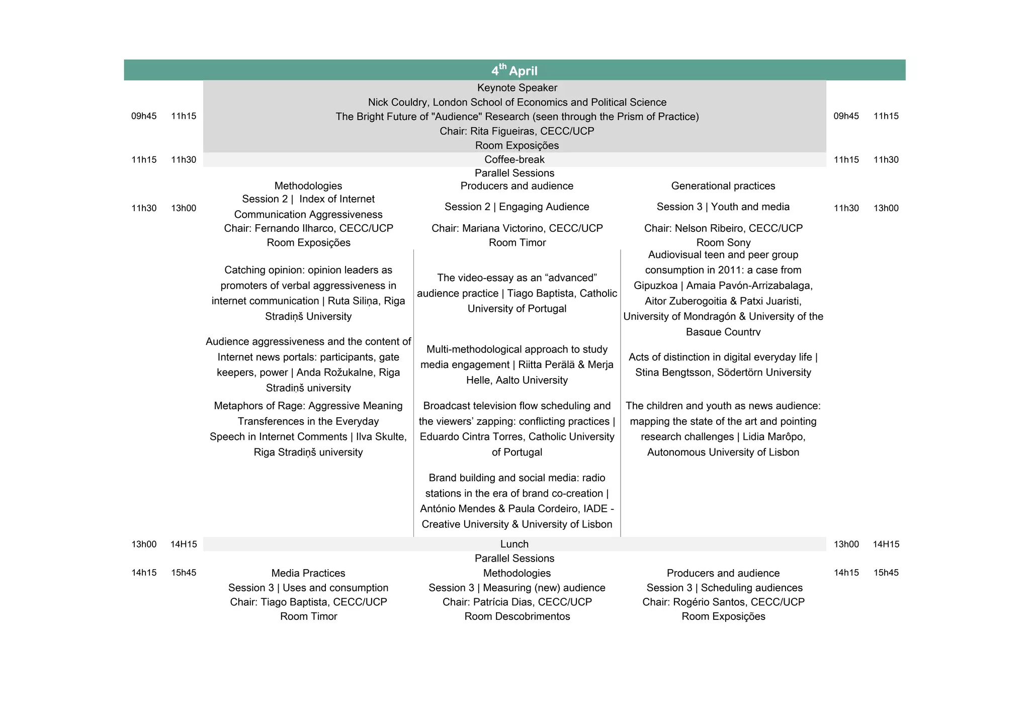 Keynote Speaker
Nick Couldry, London School of Economics and Political Science
The Bright Future of "Audience" Research (seen through the Prism of Practice)
Chair: Rita Figueiras, CECC/UCP
Room Exposições
11h15 11h30 11h15 11h30
Methodologies Producers and audience Generational practices
Session 2 | Index of Internet
Communication Aggressiveness
Session 2 | Engaging Audience Session 3 | Youth and media
Chair: Fernando Ilharco, CECC/UCP Chair: Mariana Victorino, CECC/UCP Chair: Nelson Ribeiro, CECC/UCP
Room Exposições Room Timor Room Sony
Catching opinion: opinion leaders as
promoters of verbal aggressiveness in
internet communication | Ruta Siliņa, Riga
Stradiņš University
The video-essay as an “advanced”
audience practice | Tiago Baptista, Catholic
University of Portugal
Audiovisual teen and peer group
consumption in 2011: a case from
Gipuzkoa | Amaia Pavón-Arrizabalaga,
Aitor Zuberogoitia & Patxi Juaristi,
University of Mondragón & University of the
Basque Country
Audience aggressiveness and the content of
Internet news portals: participants, gate
keepers, power | Anda Rožukalne, Riga
Stradiņš university
Multi-methodological approach to study
media engagement | Riitta Perälä & Merja
Helle, Aalto University
Acts of distinction in digital everyday life |
Stina Bengtsson, Södertörn University
Metaphors of Rage: Aggressive Meaning
Transferences in the Everyday
Speech in Internet Comments | Ilva Skulte,
Riga Stradiņš university
Broadcast television flow scheduling and
the viewers’ zapping: conflicting practices |
Eduardo Cintra Torres, Catholic University
of Portugal
The children and youth as news audience:
mapping the state of the art and pointing
research challenges | Lidia Marôpo,
Autonomous University of Lisbon
Brand building and social media: radio
stations in the era of brand co-creation |
António Mendes & Paula Cordeiro, IADE -
Creative University & University of Lisbon
13h00 14H15 13h00 14H15
Media Practices Methodologies Producers and audience
Session 3 | Uses and consumption Session 3 | Measuring (new) audience Session 3 | Scheduling audiences
Chair: Tiago Baptista, CECC/UCP Chair: Patrícia Dias, CECC/UCP Chair: Rogério Santos, CECC/UCP
Room Timor Room Descobrimentos Room Exposições
14h15 15h45
11h15
11h30 13h00 11h30 13h00
Lunch
Parallel Sessions
14h15 15h45
4th
April
Coffee-break
Parallel Sessions
09h45 11h15 09h45
 