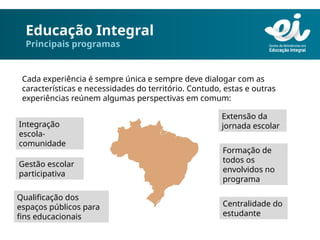 Educação Integral
Principais programas
Cada experiência é sempre única e sempre deve dialogar com as
características e necessidades do território. Contudo, estas e outras
experiências reúnem algumas perspectivas em comum:
Integração
escola-
comunidade
Extensão da
jornada escolar
Gestão escolar
participativa
Formação de
todos os
envolvidos no
programa
Qualificação dos
espaços públicos para
fins educacionais
Centralidade do
estudante
 