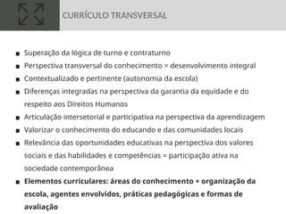 ▪ Superação da lógica de turno e contraturno
▪ Perspectiva transversal do conhecimento = desenvolvimento integral
▪ Contextualizado e pertinente (autonomia da escola)
▪ Diferenças integradas na perspectiva da garantia da equidade e do
respeito aos Direitos Humanos
▪ Articulação intersetorial e participativa na perspectiva da aprendizagem
▪ Valorizar o conhecimento do educando e das comunidades locais
▪ Relevância das oportunidades educativas na perspectiva dos valores
sociais e das habilidades e competências = participação ativa na
sociedade contemporânea
▪ Elementos curriculares: áreas do conhecimento + organização da
escola, agentes envolvidos, práticas pedagógicas e formas de
avaliação
CURRÍCULO TRANSVERSAL
 