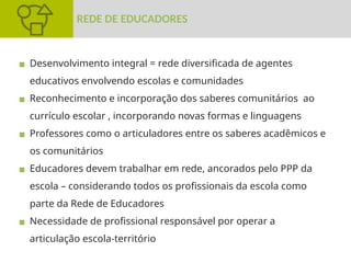 ▪ Desenvolvimento integral = rede diversificada de agentes
educativos envolvendo escolas e comunidades
▪ Reconhecimento e incorporação dos saberes comunitários ao
currículo escolar , incorporando novas formas e linguagens
▪ Professores como o articuladores entre os saberes acadêmicos e
os comunitários
▪ Educadores devem trabalhar em rede, ancorados pelo PPP da
escola – considerando todos os profissionais da escola como
parte da Rede de Educadores
▪ Necessidade de profissional responsável por operar a
articulação escola-território
REDE DE EDUCADORES
 