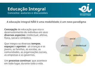 Educação Integral
Conceito: autores e discussões
Concepção de educação que visa o
desenvolvimento do indivíduo em seus
diversos aspectos: intelectual, afetivo,
físico, social e simbólico.
Que integra os diversos tempos,
espaços e agentes - as crianças e os
jovens, as famílias, as escolas, as
comunidades, as organizações sociais,
as empresas e os governos.
Um processo contínuo: que acontece
em todo lugar, durante toda a vida.
físico
intelectual
afetivo
social
simbólico
A educação integral NÃO é uma modalidade; é um novo paradigma
 