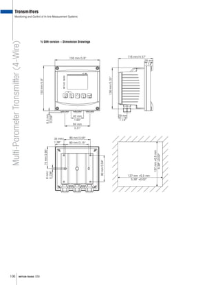 106 METTLER TOLEDO USA
84 mm
3.31"
42 mm
1.65"
136mm/5.35"
150mm/5.9"
6.5mm
0.256"
116 mm/4.57"150 mm/5.9"
29 mm
1.14"
29 mm
1.14"
½ DIN version – Dimension Drawings
90 mm/3.54"
80 mm/3.15"
75mm/2.95"
35 mm/
1.38"
6mm/
0.236"
90mm/3.54"
137 mm +0.5 mm
5.39" +0.02"
137mm+0.5mm
5.39"+0.02"
Multi-ParameterTransmitter(4-Wire)
Transmitters
Monitoring and Control of In-line Measurement Systems
 