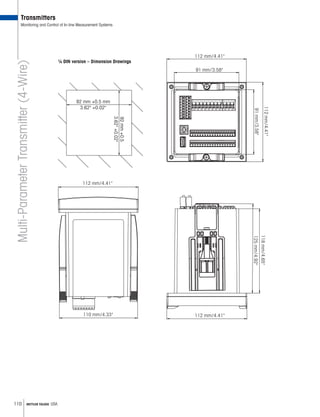 110 METTLER TOLEDO USA
Multi-ParameterTransmitter(4-Wire)
¼ DIN version – Dimension Drawings
Transmitters
Monitoring and Control of In-line Measurement Systems
112 mm/4.41
92 mm +0.5 mm
3.62 +0.02
92mm+0.5
3.62+0.02
112 mm/4.41
.5 mm
.02
92mm+0.5
3.62+0.02
125mm/4.92
118mm/4.65
112mm/4.41
112 mm/4.41
91 mm/3.58
91mm/3.58
112mm/4.41
112mm/4.41
92mm+0.5mm
3.62+0.02
92 mm +0.5
3.62 +0.02
125 mm/4.92
112 mm/4.41
112mm/4.41
91mm/3.58
91 mm/3.58
110 mm/4.33 112 mm/4.41
.5 mm
.02
92mm+0.5
3.62+0.02
125mm/4.92
118mm/4.65
112mm/4.41
112 mm/4.41
91 mm/3.58
91mm/3.58
112mm/4.41
 