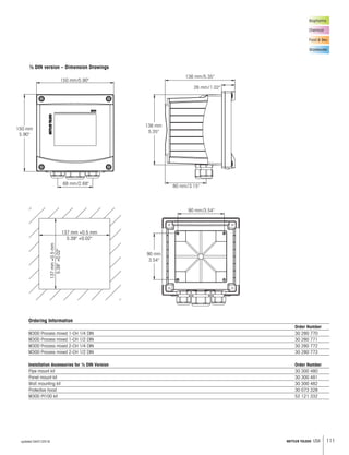 111METTLER TOLEDO USA
½ DIN version – Dimension Drawings
Biopharma
Chemical
Food  Bev.
Wastewater
Ordering Information
	 Order Number
M300 Process mixed 1-CH 1/4 DIN	 30 280 770
M300 Process mixed 1-CH 1/2 DIN	 30 280 771
M300 Process mixed 2-CH 1/4 DIN	 30 280 772
M300 Process mixed 2-CH 1/2 DIN	 30 280 773
Installation Accessories for ½ DIN Version	 Order Number
Pipe mount kit 	 30 300 480
Panel mount kit	 30 300 481
Wall mounting kit	 30 300 482
Protective hood	 30 073 328
M300 Pt100 kit	 52 121 332
80 mm/3.15
136 mm
5.35
26 mm/1.02
136 mm/5.35150 mm/5.90
150 mm
5.90
68 mm/2.68
90 mm/3.54
90 mm
3.54
Ø 40 … 60 mm
137 mm +0.5 mm
5.39 +0.02
137mm+0.5mm
5.39+0.02
80 mm/3.15
136 mm
5.35
26 mm/1.02
136 mm/5.35150 mm/5.90
150 mm
5.90
68 mm/2.68
90 mm/3.54
90 mm
3.54
Ø 40 … 60 mm
137 mm +0.5 mm
5.39 +0.02
137mm+0.5mm
5.39+0.02
80 mm/3.15
136 mm
5.35
150 mm
5.90
68 mm/2.68
90 mm/3.54
90 mm
3.54
137 mm +0.5 mm
5.39 +0.02
137mm+0.5mm
5.39+0.02
80 mm/3.15
136 mm
5.35
26 mm/1.02
136 mm/5.35150 mm/5.90
150 mm
5.90
68 mm/2.68
90 mm/3.54
90 mm
3.54
137 mm +0.5 mm
5.39 +0.02
137mm+0.5mm
5.39+0.02
updated 04/01/2016
 