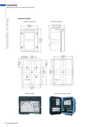 118 METTLER TOLEDO USA
M700 pH module M700 C with modules in place
Transmitter(4-Wire)
Transmitters
Monitoring and Control of In-line Measurement Systems
M700 side dimensionsM700 front dimensions
213mm
8.39
163 mm
6.42
39.5 mm/ 1.56
147.5 mm/ 5.81
159.5 mm/ 6.28
141 mm
5.55
70.5mm
2.78
45.5 mm
1.79
72 mm
2.83
189mm
7.44
M 6,(4x)
194mm
7.64
144 mm
5.67
R 15 ±3
72mm
2.83
Dimension Drawings
 
