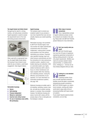 137METTLER TOLEDO USA
The Ingold Socket and Safety Socket
Recognizing the need for a strong,
sanitary, and safe process connection,
Ingold engineered a socket to exceed
the requirements found in the most
demanding process environments.
When used with an appropriate hous-
ing, the Ingold Safety Socket allows
the housing O-ring to break its seal
while the cap nut retains a safe thread
engagement. (See diagram below).
Ingold housings
The hardware used to connect your
analytical system to your process is
now more important than ever and can
actually improve your overall operating
efficiency.
Retractable housings, first pioneered
by METTLER TOLEDO Ingold, have
now evolved into highly-sophisticated
components which are process-
independent, making sensor mainten-
ance possible at any time without
interrupting your process. Pneumati-
cally operated housings insert and
retract sensors automatically and form
the cornerstone of a fully autonomous
analytical system, capable of unat-
tended cleaning and calibration. With
an automated system your highly-
skilled maintenance staff is able to
focus on critical maintenance and
repair projects rather than cleaning
and calibrating sensors, raising the
efficiency and productivity of your
operation. For more information on
automated maintenance systems,
see page 160.
Stationary housings are widely used in
all industries, providing a secure, dura-
ble, and safe way to position sensing
devices in a process. Once connected,
however, the stationary housing and
sensor must be left in place until the
process stops or flow is interrupted and
the tank/pipe is drained.
i
Wide range of process
connections
Only a representative sample
of Ingold’s extensive process connec-
tion products are included in this cata-
log. Please refer to the METTLER TOLEDO
product literature for more information.
?
Don’t see exactly what you
need?
METTLER TOLEDO Ingold
has more than 50 years of experience
engineering specialized components or
altering existing products to meet spe-
cific project requirements. Whether your
need is for process resistant metals,
special finishes, or modified dimen-
sions, challenge us – chances are we
have already designed what you need.
?
Looking for a non-standard
connection?
A growing number of proj-
ects co-locate redundant production
facilities around the globe, occasionally
standardizing process connections.
METTLER TOLEDO Ingold is an interna-
tional company, working with clients
world-wide to equip state-of-the-art
processing facilities with liquid analyti-
cal systems.
If your project requires special process
connections, we can help.
Retractable housings:
Secure
Self-cleaning
Process-independent
Manual or automated
Insertion lock without sensor
For use in hazardous areas (ATEX,
FM certificates)
 