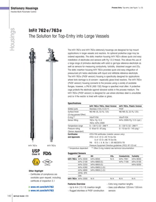 142 METTLER TOLEDO USA
USP
Class VI
Housings
Stationary Housings
Flexible Multi-Parameter Control
InFit 762e/763e
The Solution for Top-Entry into Large Vessels
The InFit 762e and InFit 763e stationary housings are designed for top mount
applications in larger vessels and reactors. An optional protective cage may be
ordered separately. The static insertion housing InFit 762e allows quick and easy
installation of electrodes and sensors with Pg 13.5 thread. This allows the use of
a large range of pH/redox electrodes with solid or gel-type reference electrolyte as
well as sensors for measuring conductivity, turbidity, dissolved oxygen and CO2.
The static insertion housing InFit 763e provides quick and easy integration of
pressurized pH/redox electrodes with liquid and refillable reference electrolyte.
The InFit 763e (PVDF version) housing is specifically designed for applications
where tank damage is of concern–especially glass-lined reactors. The InFit 763e
(PVDF version) housing connects to the process using a variety of available
flanges; however, a PN16 (AISI 150) flange is specified most often. A protective
cage protects the electrode against abrasive solids in the process medium. The
InFit 763e (PVDF version) is designed for use where stainless steel is unsuitable
and/or if the reactor is lined with rubber or glass.
Specifications
InFit 762e/763e, Steel Version InFit 763e, Plastic Version
Wetted parts Stainless 316L/C22/Ti PVDF
Surface finish N6/N8 (Ra 32/Ra 125) N6/N8 (Ra 32/Ra 125)
(O-ring groove/Other)
O-ring** Viton®-FDA Viton®-FDA
Sensor fitting 762e: Pg 13.5 InPro 2000/Pg 13.5 (opt.)
763e: InPro 2000
Temperature range 0–130°C/32–266°F 0–130°C/32–266°F
Pressure rating 0–6bar/0–87psig 0–10 bar/0–145 psig*
(Sensor dependent)
Certificates ATEX/FM certificates (metallic version only):
and Approvals ATEX: Ex II 1/2 G c IIC TX Ga/Gb
Ex II 1/2 D c IIIC TX Da/Db
FM: IS Cl. I, II, III, Div 1, GR ABCDEFG/T6
Pressure Equipment Directive guidelines (PED) 97/23/eC
* Temperature dependent ** Other O-ring material see technical documentation
Suggested Sensors
pH DO CO2 Conductivity Turbidity
InFit 762e InPro 3030 InPro 6050 N /A InPro 7001 InPro 8050
InPro 3100 InPro 6800(G) InPro 7100 InPro 8100
InPro 3250 InPro 6850(G) InPro 8200
InPro 4260 InPro 6900(i)(G)
InPro 4800 InPro 6950(i)(G)
DPAS, DPA
DXK
InFit 763e InPro 2000 N /A N /A N /A N /A
Process Entry: Top-entry (see Figure 1 p. 9)
Features Overview
– Up to 4m (13.1ft) insertion length
– Rugged stainless or PVDF construction
– Extra long insertion lengths
– Uses cost-effective 120mm/150mm
sensors
Other Highlight
– Certificates of compliance are
available upon request, including
certificate of inspection 3.1
InFit 762e InFit 763e
www.mt.com/InFit762
www.mt.com/InFit763
 