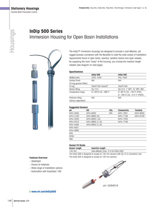 148 METTLER TOLEDO USA
Housings
Stationary Housings
Flexible Multi-Parameter Control
InDip 500 Series
Immersion Housing for Open Basin Installations
Features Overview
– Watertight
– Choice of materials
– Wide range of installation options
– Automation with EasyClean 100
Process Entry: Top-entry, Side-entry, Pipe-entry, Flow-through, Immersion (see Figure 1 p. 9)
www.mt.com/InDip500
The InDip™ immersion housings are designed to provide a cost-effective, yet
rugged process connection with the flexibility to meet the wide variety of installation
requirements found in open tanks, reactors, aeration basins and open vessels.
By supplying the main “body” of the housing, you choose the insertion length
needed (see diagram on next page).
Specifications
InDip 508 InDip 550
Wetted parts CPVC, PVDF PVC, PVDF
Surface finish N/A N/A
(O-ring groove/Other)
O-ring Viton®-FDA Kalrez® Viton®-FDA
Sensor fitting Pg 13.5 Pg13.5, 1 NPT, 3 4 NPT, IND
Temperature range 0-130°C/ 32–266°F 0–60°C/32–140°F (PVC)
0–100°C/32–212°F (PVDF)
Pressure rating N/A N/A
(Sensor dependent)
Suggested Sensors
pH DO CO2 Conductivity Turbidity
InPro 3030 InPro 6050 N/A InPro 7001 InPro 8050
InPro 3100 InPro 6800 (G) InPro 7108 InPro 8100
InPro 3250 InPro 6850 i (G) InPro 7250
InPro 4010 InPro 6900 (i) (G) InPro 7100
InPro 4260 InPro 6950 (i) (G)
InPro 4501
InPro 4800
DPA
DPAS
DXK
Sensor Fit Guide
Sensor Length Insertion Length
120 mm User-defined (max. 3 m for InDip 550)
The InDip 508 is designed to accept all 120 mm sensors with Pg 13.5 connectors only.
The InDip 550 is designed to accept all 120 mm sensors.
p/n: 52004018
 