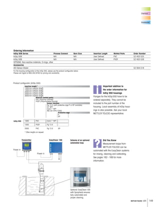 149METTLER TOLEDO USA
Optional EasyClean100
with Sprayhead ensures
fully automated and
proper cleaning.
Schema of an optional
automated loop
Transmitter EasyClean 100
Power in
Power in
Insertion length*
1000mm insertion length
1500mm insertion length
2000mm insertion length
2500mm insertion length
3000mm insertion length
Material (wetted parts)
PVC (Polyvinyl chloride)
PVDF (Polyvinylidene fluoride)
Sensor interface
Pg 13.5 (with protective cage P or GP available)
3 4 NPT
Cond 1 NPT
IND (for InPro7250)
Protective cage
P
GP
1000 PVC Cond 1 NPT –
1500 PVDF Pg 13.5 –
2000 PVC Pg 13.5 GP
* Other lengths on request
Chemical
Wastewater
Product configurator (InDip 550)
InDip 550
i
Important addition to
the order information for
InDip 550 housings
Flanges for the InDip550 have to be
ordered separately. They cannot be
included to the part number of the
housing. Local assembly of InDip hous-
ings is also possible. Ask your local
METTLER TOLEDO representative.
?
Did You Know
Measurement loops from
METTLER TOLEDO can be
automated with the EasyClean systems
for rinsing, cleaning and calibrating.
See pages 162–169 for more
information.
Ordering Information
InDip 508 Series Process Connect Bore Size Insertion Length Wetted Parts Order Number
InDip 508 N/A N/A User Defined PVC 52 403 525
InDip 508 N/A N/A User Defined PVDF 52 403 526
OPTIONS: Non-reactive materials, O-rings, other
Accessories
iRO Sensor Shield 52 004 018
For the housing configuration of the InDip 550, please use the product configurator below.
Please call Ingold at 800-352-8763 for pricing and availability.
 