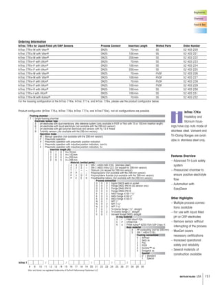 151METTLER TOLEDO USA
Biopharma
Chemical
Food  Bev.
Ordering Information
InTrac 776e for Liquid-Filled pH/ORP Sensors Process Connect Insertion Length Wetted Parts Order Number
InTrac 776e-M with Viton® DN25 70mm SS 52 403 220
InTrac 776e-M with Viton® DN25 100mm SS 52 403 221
InTrac 776e-M with Viton® DN25 200mm SS 52 403 222
InTrac 776e-P with Viton® DN25 70mm SS 52 403 223
InTrac 776e-P with Viton® DN25 100mm SS 52 403 224
InTrac 776e-P with Viton® DN25 200mm SS 52 403 225
InTrac 776e-M with Viton® DN25 70mm PVDF 52 403 226
InTrac 776e-M with Viton® DN25 100mm PVDF 52 403 227
InTrac 776e-P with Viton® DN25 70mm PVDF 52 403 228
InTrac 776e-P with Viton® DN25 100mm PVDF 52 403 229
InTrac 776e-R with Viton® DN25 100mm SS 52 403 230
InTrac 776e-I with Viton® DN25 100mm SS 52 403 231
InTrac 776e-M with Kalrez® DN25 70mm SS 52 403 232
For the housing configuration of the InTrac 776e, InTrac 777e, and InTrac 779e, please use the product configurator below.
i
InTrac 77Xe
Hastelloy and
titanium hous-
ings have cap nuts made of
stainless steel. Varivent and
Tri-Clamp flanges are avail-
able in stainless steel only.
Features Overview
– Advanced Tri-Lock safety
system
– Pressurized chamber to
ensure positive electrolyte
flow
– Automation with
EasyClean
Other Highlights
– Multiple process connec-
tions available
– For use with liquid filled
pH or ORP electrodes
– Remove sensor without
interrupting of the process
– MaxCert covers
necessary certifications
– Increased operational
safety and reliability
– Several materials of
construction available
InTrac 7 / / / / /
8 9 10 11 12 13 14 15 16 17 18 19 20 21 22 23 24 25 26 27 28 29 30
Flushing chamber
7 Single flushing chamber
Electrode/sensor type
5 pH electrodes with dual-membrane, pNa reference system (only available in PVDF or Titan with 70 or 100mm Insertion length)
6 pH electrodes with liquid electrolyte (not available with the 295mm version)
7 pH electrodes with gel/polymer electrolyte and sensors with Pg 13.5 thread
9 Turbidity sensors (not available with the 295mm version)
Operation mode
M Manual operation (not available with the 295mm version)
P Pneumatic operation
R Pneumatic operation with pneumatic position indication
I Pneumatic operation with inductive position indication, non-Ex
X Pneumatic operation with inductive position indication, Ex
Insertion length (H)
0 7 0 H=70mm
1 0 0 H=100mm
2 0 0 H=200mm
2 9 5 H=295mm
Material (wetted parts)
4 4 0 4 DIN 1.4404/AISI 316L (stainless steel)
C 2 2 DIN 2.4602/Alloy C22 (on request for 295mm version)
T i Titanium (on request for 295mm version)
P P Polypropylene (not available with the 295mm version)
P V D F Polyvinylidene fluoride (not available with the 295mm version)
P E E K Polyetherether ketone (not available with the 295mm version)
Process connection
D 0 0 Ingold DN25 weld-in socket
D 0 2 Flange DN32 PN16 (SS version only)
D 0 3 Flange DN40 PN16
D 0 4 Flange DN50-PN16
A 0 2 ANSI Flange A150-11 2
A 0 3 ANSI Flange A150-2
A 0 4 ANSI Flange A150-3
N 0 1 NPT 1
N 0 2 NPT 11 4
N 0 3 NPT 11 2
T 0 1 Tri-Clamp flange 11 2, straight
T 0 2 Tri-Clamp flange 2, straight
V 0 1 Varivent flange DN50, straight
O-ring material
V i FKM Viton® FDA
E P EPDM FDA
K a FFKM Kalrez® 6230 FDA/USP Class VI
Body material
A PP conducting (not for 295mm)
S DIN 1.4404/316L
Flushing connections
0 Without
1 Serto ss
2 PVC
3 PVDF
4 Gyrolok™ ss
5 Swagelok ss
Special
0 Standard
1 Special
Viton and Kalrez are registered trademarks of DuPont Performance Elastomers LLC
Product configurator (InTrac 775e, InTrac 776e, InTrac 777e, and InTrac779e), not all configurations are possible
 