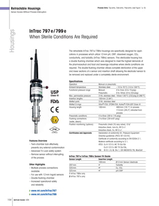 154 METTLER TOLEDO USA
USP
Class VI
Housings
Retractable Housings
Sensor Access Without Process Interruption
InTrac 797e/799e
When Sterile Conditions Are Required
The retractable InTrac 797e/799e housings are specifically designed for appli-
cations in processes which utilize 12mm pH, ORP, dissolved oxygen, CO2,
conductivity, and turbidity (InTrac 799e) sensors. This sterilizable housing has
a double flushing chamber which was designed to meet the highest demands of
the pharmaceutical and food and beverage industries where sterile conditions are
required. The double flushing chamber allows complete sterilization of the upper
and lower sections of a sensor and insertion shaft allowing the electrode/ sensor to
be removed and replaced under a completely sterile environment.
Specifications
Operation Manual or pneumatic
Ambient temperature Stainless steel: –10 to 70°C (14 to 158°F)
Functional pressure range Manual: 0 to 5bar (0 to 73psig)
Pneumatic: 0 to 16bar (0 to 232psig)
Max. permissible pressure 316L stainless steel: 16bar/130°C (232psig at 266°F)
Insertion lengths 100mm (3.94)
Wetted parts 316L stainless steel
Wetted O-rings Viton®-FDA, EPDM-FDA, Kalrez®-FDA-USP Class VI
Housing length 100mm: 460mm (18.1) in process
715mm (28.2) retracted from
process
Pneumatic conditions 4 to 8bar (58 to116 psig)
Flushing connections 2 to 6bar (29 to87 psig)
(water, steam)
Position monitoring (options) Pneumatic check (3 2 way valve), G1 8
Inductive check, non-Ex, M12×1
Inductive check, Ex, M12×1
Certificates and Approvals Declaration of conformity CE; Pressure Equipment
Directive guidelines (PED) 97/23/EC;
Certificate of conformity according to EN10204-2.1;
Material certificate according to 3.1;
ATEX: Ex II 1/2 G c IIC TX Ga/Gb
Ex II 1/2 D c IIIC TX Da/Db;
FM: IS Cl. I, II, III, Div 1, GR ABCDEFG/T6; MaxCert
InTrac 797e/inTrac 799e Sensor Fit Guide
Sensor Length Insertion Length
100mm Ø12mm Sensor /electrode
297mm •1 Turbidity
320mm •2 O2, CO2
325mm •2 pH/ORP
1 InTrac 799e only
2 InTrac 797e only
Process Entry: Top-entry, Side-entry, Pipe-entry (see Figure 1 p. 9)
Features Overview
– Twin-chamber lock effectively
prevents any external contamination
– Advanced Tri-Lock safety system
– Remove sensor without interrupting
of the process
Other Highlights
– Multiple process connections
available
– For use with 12mm Ingold sensors
– Double flushing chamber
– Increased operational safety
and reliability
www.mt.com/InTrac797
www.mt.com/InTrac799
 