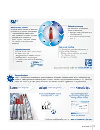 13METTLER TOLEDO USA
Greater process reliability
ISM provides real-time information on sensor condi-
tion, helping you run production at peak efficiency.
• Continuous assessment of sensor “health”
• Higher signal stability due to digital communica-
tion between sensor and transmitter
• Sensors That Learn™ adapt to your processes
• Easy integration into all common control
architectures
Reduced maintenance
ISM reduces sensor lifecycle costs and
enables higher sensor use.
• Maintenance only when it is needed thanks
to predictive diagnostics
• Sensor protection mechanisms increase
service life
Easy sensor handling
With iSense software you can pre-calibrate sensors for
error-free exchange at the process.
• Calibration in a convenient location such as a lab
• Plug and Measure start up
• Smart phone version available
Simplified compliance
User-friendly iSense™ software increases transpar-
ency related to sensor data.
• Easy generation of documentation and reports
• Sensor data stored in electronic logbook
• 21 CFR Part 11-ready version for the Pharmaceuti-
cal industry
Sensors That Learn
There’s a huge variation in processes found across manufacturing, so the latest ISM sensors actually adapt to the conditions they
operate in. ISM s diagnostics are different from generic counters or indicators. They provide relevant information for your speci c ope-
rations. This enables you to further optimize maintenance and calibration procedures to get the most out of your resources.
Discover seven reasons to use ISM at: www.mt.com/ISM-app
Learn from the process Adapt predictive diagnostics build up Knowledge
Diagnostics that adapt to process
conditions within 24 hours.
Find out more about Sensors That Learn, at: www.mt.com/sensors-that-learn
Improve lifetime predictions
by transferring process speci c
learnings between sensors.
iSense App Database
NEW
 