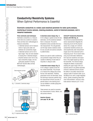 180 METTLER TOLEDO USA
Three commonly used techniques
Electrolytic conductivity is a measure
of the total ionic content of a solution.
There are three main methodologies to
measure conductivity:
– 2-electrode sensors are for measure-
ments in high purity water and
relatively low conductivity ranges
– 4-electrode sensors are for mid to
high ranges. They are more resistant
to fouling than 2-electrode designs
– Inductive sensors cover mid to very
high conductivity ranges, and are
particularly resistant to fouling.
METTLER TOLEDO offers all three
methodologies.
2-electrode sensor design (Fig. 1)
An AC voltage is applied across the two
electrodes, and the resistance between
them is measured. The built-in
temperature sensor provides fast accu-
rate measurement. The cell geometry
and the high solution resistance allow
for very accurate and precise conductiv-
ity determination.
Sensors are used for water conditioning
and purification stages where they are
capable of detecting minute levels of
impurities in ultrapure water.
4-electrode sensor design (Fig. 2)
An AC voltage is applied across the
two outside electrodes. The principle
is to measure the voltage drop across
the two inner electrodes. Therefore,
polarization errors are eliminated. Since
this technique measures potential drop,
the measurement remains accurate. It
permits easier in-line cleaning and it
can be installed in smaller piping than
inductive sensors.
These sensors are used for concentra-
tion measurement of acids, alkalis, and
salt process streams.
Inductive Sensors
(see page 78, 88–89)
UniCond® Conductivity/Resistivity
Sensors with ISM (Fig. 3)
The UniCond conductivity/resistivity
sensor advancement integrates the
measuring circuit and the physical
sensor into a single unit. UniCond
conductivity/resistivity sensors pro-
vide exceptionally wide measurement
ranges due to their advanced built-in
measuring circuit. The on-board meas-
uring circuit eliminates interference
from lead wire resistance and capaci-
tance. Only digital signals go back to
the transmitter. The UniCond design
mitigates the effects of polarization,
enabling the upper range of the con-
ductivity sensor to be greatly expanded.
UniCond 2-electrode sensors provide
the ability to accurately measure from
ultrapure water to brackish water (up to
50,000μS/cm) with a single integrated
sensor, greatly simplifying water treat-
ment instrumentation. UniCond 4-elec-
trode sensors measure up to 1S/cm.
Conductivity/Resistivity Systems
When Optimal Performance Is Essential
Inner
electrode
rod
Outer electrode cylinder
Fig. 1: Concentric 2-electrode design
Measuring
electrodes
AC voltage
measurement
Drive electrodes
Four electrode
sensor
AC voltage
source
Fig. 2: 4-electrode sensor design
Fig. 3: UniCond sensors
Conductivity/Resistivity
Introduction
Control Your Process Regardless of Your Application
Electrolytic conductivity is a widely used analytical parameter for water purity analysis,
monitoring of reverse osmosis, cleaning procedures, control of chemical processes, and in
industrial wastewater.
 