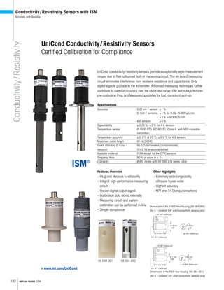 182 METTLER TOLEDO USA
Features Overview
– Plug and Measure functionality
– Integral high-performance measuring
circuit
– Robust digital output signal
– Calibration data stored internally
– Measuring circuit and system
calibration can be performed in-line
– Simple compliance
UniCond conductivity/resistivity sensors provide exceptionally wide measurement
ranges due to their advanced built-in measuring circuit. The on-board measuring
circuit eliminates interference from leadwire resistance and capacitance. Only
digital signals go back to the transmitter. Advanced measuring techniques further
contribute to superior accuracy over the expanded range. ISM technology features
pre-calibration Plug and Measure capabilities for fast, compliant start-up.
Specifications
Accuracy 0.01cm–1 sensor: ±1%
0.1cm–1 sensors: ±1% for 0.02–5,000μS/cm;
±3%  5,000μS/cm
4-E sensors: ±4%
Repeatability ±0.25%; ±2% for 4-E sensors
Temperature sensor Pt1000 RTD, IEC 60751, Class A, with NIST-traceable
calibration
Temperature accuracy ±0.1°C at 25°C; ±0.5°C for 4-E sensors
Maximum cable length 91m (300ft)
Finish (Sanitary 0.1cm–1 Ra 0.2micrometers (8microinches),
sensors) 316L SS is electropolished
Insulator material PEEK except for the CPVC sensors
Response time 90% of value in  5s
Connector IP65, mates with 58 080 27X series cable
UniCond Conductivity/Resistivity Sensors
Certified Calibration for Compliance
Other Highlights
– Extremely wide rangeability:
ultrapure to sea water
– Highest accuracy
– NPT and Tri-Clamp connections
Conductivity/Resistivity
Conductivity/Resistivity Sensors with ISM
Accurate and Reliable
www.mt.com/UniCond
58 084 001 58 084 000
1/8 NPT Outflow port
1/8 NPT Outflow port
3/4 NPT Outflow port
1/4 NPT Outflow port
1/4 NPT Outflow port
3/4 NPT Outflow port
• 31.8 mm
1.25
• 38.1 mm
1.50
28.6 mm
1.13
25.4 mm
1.00
82.6 mm / 3.25
82.6 mm / 3.25
Dimensions of the 316SS flow housing (58 084 000)
(for 0.1 constant 3/4 short conductivity sensors only)
Dimensions of the PVDF flow housing (58 084 001)
(for 0.1 constant 3/4 short conductivity sensors only)
 
