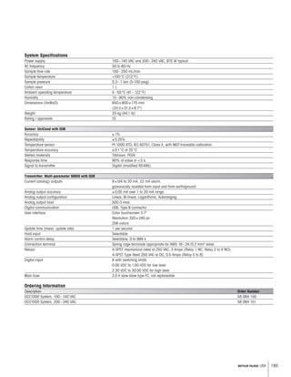 185METTLER TOLEDO USA
System Specifications
Power supply 100–140 VAC and 200–240 VAC, 975 W typical
AC frequency 50 to 60 Hz
Sample flow rate 100–250 mL/min
Sample temperature 100°C (212°F)
Sample pressure 0.3–7 bar (5-100 psig)
Cation resin 1 L
Ambient operating temperature 5–50°C (41–122°F)
Humidity 10–90% non-condensing
Dimensions (HxWxD) 850×800×170 mm
(33.5×31.5×6.7)
Weight 20 kg (44.1 lb)
Rating / approvals CE
Sensor: UniCond with ISM
Accuracy ±1%
Repeatability ±0.25%
Temperature sensor Pt 1000 RTD, IEC 60751, Class A, with NIST-traceable calibration
Temperature accuracy ±0.1°C at 25°C
Wetted materials Titanium, PEEK
Response time 90% of value in 5 s
Signal to transmitter Digital (modified RS485)
Transmitter: Multi-parameter M800 with ISM
Current (analog) outputs 8×0/4 to 20 mA, 22 mA alarm,
galvanically isolated from input and from earth/ground
Analog output accuracy ±0.05 mA over 1 to 20 mA range
Analog output configuration Linear, Bi-linear, Logarithmic, Autoranging
Analog output load 500 max.
Digital communication USB, Type B connector
User interface Color touchscreen 5.7
Resolution 320×240 px
256 colors
Update time (meas. update rate) 1 per second
Hold input Selectable
Alarm control delay Selectable, 0 to 999 s
Connection terminal Spring cage terminals appropriate for AWG 16–24/0.2 mm2 wires
Relays 4-SPST mechanical rated at 250 VAC, 3 Amps (Relay 1 NC, Relay 2 to 4 NO);
4-SPST Type Reed 250 VAC or DC, 0.5 Amps (Relay 5 to 8)
Digital input 6 with switching limits
0.00 VDC to 1.00 VDC for low level
2.30 VDC to 30.00 VDC for high level
Main fuse 2.0 A slow blow type FC, not replaceable
Ordering Information
Description Order Number
DCC1000 System, 100–140 VAC 58 084 150
DCC1000 System, 200–240 VAC 58 084 151
 