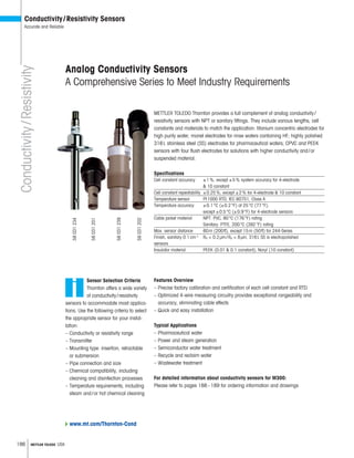 186 METTLER TOLEDO USA
Conductivity/Resistivity
METTLER TOLEDO Thornton provides a full complement of analog conductivity/
resistivity sensors with NPT or sanitary fittings. They include various lengths, cell
constants and materials to match the application: titanium concentric electrodes for
high purity water; monel electrodes for rinse waters containing HF; highly polished
316L stainless steel (SS) electrodes for pharmaceutical waters; CPVC and PEEK
sensors with four flush electrodes for solutions with higher conductivity and/or
suspended material.
Specifications
Cell constant accuracy ±1%, except ±5% system accuracy for 4-electrode
 10 constant
Cell constant repeatability ±0.25%, except ±2% for 4-electrode  10 constant
Temperature sensor Pt1000 RTD, IEC 60751, Class A
Temperature accuracy ±0.1°C (±0.2°F) at 25°C (77°F),
except ±0.5°C (±0.9°F) for 4-electrode sensors
Cable jacket material NPT: PVC, 80°C (176°F) rating
Sanitary: PTFE, 200°C (392°F) rating
Max. sensor distance 60m (200ft), except 15m (50ft) for 244-Series
Finish, sanitary 0.1cm-1 Ra  0.2μm/Ra  8μin, 316L SS is electropolished
sensors
Insulator material PEEK (0.01  0.1 constant); Noryl (10 constant)
Features Overview
– Precise factory calibration and certification of each cell constant and RTD
– Optimized 4-wire measuring circuitry provides exceptional rangeability and
accuracy, eliminating cable effects
– Quick and easy installation
Typical Applications
– Pharmaceutical water
– Power and steam generation
– Semiconductor water treatment
– Recycle and reclaim water
– Wastewater treatment
For detailed information about conductivity sensors for M300:
Please refer to pages 188–189 for ordering information and drawings
Analog Conductivity Sensors
A Comprehensive Series to Meet Industry Requirements
i
Sensor Selection Criteria
Thornton offers a wide variety
of conductivity/resistivity
sensors to accommodate most applica-
tions. Use the following criteria to select
the appropriate sensor for your instal-
lation:
– Conductivity or resistivity range
– Transmitter
– Mounting type: insertion, retractable
or submersion
– Pipe connection and size
– Chemical compatibility, including
cleaning and disinfection processes
– Temperature requirements, including
steam and/or hot chemical cleaning
Conductivity/Resistivity Sensors
Accurate and Reliable
58031234
58031201
58031239
58031202
www.mt.com/Thornton-Cond
 
