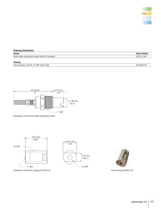 191METTLER TOLEDO USA
Power
Ordering Information
Sensor Order Number
Boiler water conductivity sensor with VP connector 58 031 264
Housing
Flow housing, 316 SS, ¼ NPT inlet/outlet 58 084 016
л 1.00 mm
25.4
27.9 mm
1.10
101.6 mm
4
1 NPT
Dimensions of the boiler water conductivity sensor
76.2 mm
3.00
л 44.5 mm
1.75
¼ NPT
¼ NPT
37.8 mm
1.49 ()
1 NPT
Dimensions of the flow housing 58 084 016 Flow housing 58 084 016
 