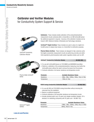 192 METTLER TOLEDO USA
Conductivity/Resistivity Sensors
Accurate and Reliable
Calibrator and Verifier Modules
for Conductivity System Support  Service
Calibrators: These modules enable calibration of the conductivity/resistivity
measurement circuits contained within a transmitter or an ISM UniCond® sensor.
No additional equipment is required. Accuracy of the calibration modules can be
traced to NIST (National Institute of Standards and Technology) standards.
VeriCond™ Digital Verifiers: These modules are used in place of a digital Uni-
Cond® sensor to display fixed values on a transmitter for verification purposes.
Pharma Waters Verifiers: These modules are designed to help customers verify
that digital conductivity measurement circuits are performing normally and within
limits specified by pharmaceutical water system regulatory bodies such as USP.
Parameter Available Resistance Values
UniCond® Conductivity Calibration Module 58 082 305
•
• Performs a calibration of the conductivity/resistivity measuring circuit within the
UniCond® sensor without the need to remove the sensor from the process
• Conducts calibration of all sensor resistance and temperature circuits
M300 Analog Conductivity Calibration Module 58 082 300
•
instrument from the installation
• Require no additional equipment
• Conducts calibration of all transmitter resistance and temperature circuits
•
Parameter Available Resistance Values
PharmaWatersVerifiers
UniCond® Conductivity
Calibration Module
Pharma Water UniCond®
Veri er
VeriCond™ Digital
Veri ers
www.mt.com/Thornton
 