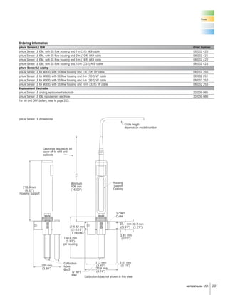 201METTLER TOLEDO USA
л 4.82 mm
(л 0.19)
4 Places
¼ NPT
Outlet
¼ NPT
Inlet
218.9 mm
(8.62)
Housing Support
Minimum
406 mm
(16.00)
Housing
Support
Opening
Clearance required to lift
cover off to reﬁll and
calibrate
Cable length
depends on model number
Calibration tubes not shown in this view
Calibration
tubes
Qty 2
100 mm
(3.94)
113 mm
(4.45)
120.4 mm
(4.74)
3.81 mm
(0.15)
3.81 mm
(0.15)
30.7 mm
(1.21)
23.1 mm
(0.91)
150.6 mm
(5.93)
pH housing
pHure Sensor LE dimensions
Power
Ordering Information
pHure Sensor LE ISM Order Number
pHure Sensor LE ISM, with SS flow housing and 1m (3ft) AK9 cable 58 032 420
pHure Sensor LE ISM, with SS flow housing and 3m (10ft) AK9 cable 58 032 421
pHure Sensor LE ISM, with SS flow housing and 5m (16ft) AK9 cable 58 032 422
pHure Sensor LE ISM, with SS flow housing and 10m (33ft) AK9 cable 58 032 423
pHure Sensor LE Analog
pHure Sensor LE for M300, with SS flow housing and 1m (3ft) VP cable 58 032 250
pHure Sensor LE for M300, with SS flow housing and 3m (10ft) VP cable 58 032 251
pHure Sensor LE for M300, with SS flow housing and 5m (16ft) VP cable 58 032 252
pHure Sensor LE for M300, with SS flow housing and 10m (33ft) VP cable 58 032 253
Replacement Electrodes
pHure Sensor LE analog replacement electrode 30 039 085
pHure Sensor LE ISM replacement electrode 30 039 086
For pH and ORP buffers, refer to page 203.
 