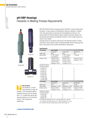 202 METTLER TOLEDO USA
pH/ORP
pH Electrodes
Excellent Performance in Water Treatment
pH/ORP Housings
Flexibility in Meeting Process Requirements
53 300 021
58 084 014
58 084 00X
?
Did You Know
The 59 909 571 pH elec-
trode described on page 197
provides 1 NPT connections without
a separate housing. It can be inserted
into a 11 4 or larger NPT pipe tee with
reducing bushing or can be immersed
using a 1 NPT coupling and
support pipe.
www.mt.com/Thornton-pH
METTLER TOLEDO Thornton housings provide a fixed NPT or solvent weld process
connection. For easy access to the electrode for cleaning, calibration or replace-
ment, they have internal O-ring seals with hand-tightened mounting nut. The
compact METTLER TOLEDO electrode design includes measuring, reference and
fast-responding temperature compensator functions so only a single process con-
nection is ever needed.
Housings should be mounted to orient the tip of the electrode at least 15° below
horizontal to ensure reliable contact of internal electrolyte with the measuring mem-
brane. They should not be mounted horizontally or upside-down.
Specifications
pH Housings Order Number
53 300 021 52 401 520 58 084 014
Wetted parts CPVC PVDF PVC
Sensor fitting ¾ NPT insertion ¾ NPT insertion 1 weld tee
or submersiona or submersiona
Pressure rating 7bar(g) at 20°C 6bar(g) at 20°C 3.5bar(g) at 60°C
(100psig at 68°F) (87psig at 68°F) (50psig at 140°F)
2bar(g) at 80°C 1bar(g) at 100°C
(30psig at 176°F) (15psig at 212°F)
Suitable pH sensors
(by Order Number)b:
– 52 005 318 • • •
– 52 005 373 • • •
– 52 000 512 • • •
– 52 002 987 • • •
– 52 002 559 • • •
– 52 005 353 • • •
– 10 505 3288 • • •
– 10 505 3339 • • •
pH Housings Order Number
58 084 002 58 084 003 58 084 004
Wetted parts CPVC PVDF 316 SS
Sensor fitting Retractable 1½ NPT Retractable 1½ NPT Retractable 1 NPT
Pressure rating 5bar(g) at 80°C 5bar(g) at 100°C 7bar(g) at 100°C
(75psig at 176°F) (75psig at 212°F) (100psig at 212°F)
Suitable pH sensors
(by Order Number)b:
– 52 005 382 • • •
– 52 002 989 • • •
– 59 904 152 • • •
a For insertion in plastic pipe, use ¾×1 reducing bushing and 1 pipe tee.
For submersion with plastic pipe, use ¾×1 reducing coupling and 1 pipe.
b For information about the corresponding pH sensors consult page 197.
 
