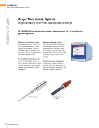 204 METTLER TOLEDO USA
High Performance
DO Sensor
Measurement of dissolved oxygen
Proper oxygen levels are important in
many processes involving the use of
pure and ultrapure water. Control of
dissolved oxygen will minimize corro-
sion, reduce costs or provide maximum
semiconductor product yield.
The optical dissolved oxygen sensor
with its durable OptoCap sensing ele-
ment ensures fast response time, highly
accurate measurement, very low main-
tenance, and no dissolved hydrogen
interference.
Electrochemical oxygen sensors
The Thornton high-performance sen-
sors have been designed for in-line
measurements of dissolved oxygen
in the low ppb-range in power plant
cycle chemistry and in ultrapure water
applications of the semiconductor
industry.
Professional service and validation
Sensor service includes rebuilding,
cleaning, testing, and recertification of
your Thornton sensor, done quickly and
efficiently to minimize downtime.
Oxygen Measurement Systems
High Reliability and Wide Application Coverage
DissolvedOxygen
Introduction
High Process Efficiency Under Any Condition
METTLER TOLEDO provides sensors to measure dissolved oxygen (DO) in demanding low
ppb-level applications.
Optical DO Sensor
 