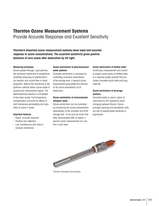205METTLER TOLEDO USA
Ozone sanitization of pharmaceutical
water systems
Complete sanitization is achieved by
controlling ozonation downstream
of the storage tank. A second ozone
measurement guarantees the removal
of all ozone downstream of UV
destruction.
Ozone sanitization of semiconductor
ultrapure water
Ozone sanitization can be controlled
by monitoring the ozone concentration
downstream of the ozonator and UPW
storage tank. To be sure all ozone has
been decomposed after UV lights, a
second ozone measurement can con-
firm a zero level.
Measuring principles
Ozone passes through a gas-permea-
ble reinforced membrane of exceptional
durability producing an electrochemi-
cal reaction and current flow in direct
proportion. Behind the membrane is the
platinum cathode where ozone reacts to
produce the measurement signal. The
electrochemical reaction is completed
at the silver anode. Full temperature
compensation accounts for effects of
both membrane permeability and solu-
bility of ozone in water.
Important features
– Rapid, accurate response
– Positive zero detection
– Low maintenance with drop-in
modular membrane
Ozone sanitization of bottled water
Continuous measurement and control
to proper ozone levels of bottled water
is a required quality practice that pro-
motes consistent good taste and long
shelf life.
Ozone sanitization of beverage
systems
Ozonated water is used in place of
chemicals for CIP operations when
changing between flavors. Ozone
provides cleaning and disinfection with-
out risk of objectionable residuals or
byproducts.
Thornton Ozone Measurement Systems
Provide Accurate Response and Excellent Sensitivity
Thornton’s dissolved ozone measurement systems show rapid and accurate
response to ozone concentrations. The excellent sensitivity gives positive
detection of zero ozone after destruction by UV light.
Thornton Dissolved Ozone Sensor
 