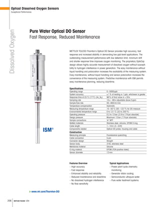 206 METTLER TOLEDO USA
METTLER TOLEDO Thornton’s Optical DO Sensor provides high accuracy, fast
response and increased stability in demanding low ppb-level applications. The
outstanding measurement performance with low detection limit, minimum drift
and shorter response time improves oxygen monitoring. The proprietary OptoCap
design allows highly accurate measurement of dissolved oxygen without suscepti-
bility to hydrogen interference in power generation. The easy maintenance without
liquid handling and polarization increases the availability of the measuring system.
Easy maintenance, without liquid handling and sensor polarization increases the
convenience of the measuring system. Predictive maintenance with ISM permits
easy maintenance planning, reducing downtime.
Specifications
Operating range 0–5000ppb
System accuracy ±1% of reading or 1ppb, whichever is greater
Response time at 25°C (77°F) (Air_N2) 98% of final value in 20s
Sampling rate 10× –60s adjustable above 5ppm
Sample flow rate 50–800ml/min
Temperature compensation Automatic
Measuring temperature range 10–50°C (50–122°F) for DO measure
Environmental temperature range 0 to 121°C (32 to 250°F)
Operating pressure 0.2 to 12bar (2.9 to 174psi absolute)
Design pressure Maximum 12bar (174psi absolute)
Sample connections ¼ NPT
Wetted materials Stainless steel, silicone, EPDM O-ring
Cable length 1–10m (3–33ft)
Components needed Optical DO probe, housing and cable
Construction
Measuring principle Fluorescence quenching
Cable connection 5-pin
Connector design Straight
Sensor body 316L stainless steel
Membrane material Silicone
O-ring material EPDM (FDA-positive listed)
Sensor diameter 12mm
Features Overview
– High accuracy
– Fast response
– Enhanced stability and reliability
– Reduced maintenance and downtime
– No dissolved hydrogen interference
– No flow sensitivity
Pure Water Optical DO Sensor
Fast Response, Reduced Maintenance
DissolvedOxygen
Optical Dissolved Oxygen Sensors
Exceptional Performance
www.mt.com/Thornton-DO
Typical Applications
– Power plant cycle chemistry
monitoring
– Generator stator cooling
– Semiconductor ultrapure water
– Pure water treatment systems
 