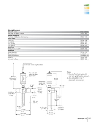 207METTLER TOLEDO USA
Ordering Information
Optical DO Sensor Order Number
Pure Water ISM Optical DO Probe 30 041 040
Required Accessories
Pure Water 316 Stainless Steel Housing 58 084 018
Sensor Cables
2m (6.6ft) 52 300 379
5m (16.4ft) 52 300 380
10m (32.8ft) 52 300 381
15m (49.2ft) 52 206 422
Spare Parts
OptoCap Replacement Kit 52 206 403
Accessories
iSense full version 30 130 614
iSense lite version Available for free
iSense mobile version Available for free
iSense CFR 30 283 620
iLink cable for iSense 52 300 383
5-Pin Cable variable length available
Minimum
256 mm (14)
See Note 2
Pure water ISM
optical DO probe
30 041 040
Flow housing
58 084 018
See Note 1
л 4.82 mm
(л 0.19)
4 Places
¼ NPT
Outlet
¼ NPT
Inlet
98.3 mm
(3.87)
283.7 mm
(11.17)
150.6 mm
(5.93)
124.7 mm
(4.91)
63.2 mm
(2.49)
л 36.6 mm
(л 1.44)
л 22.3 mm
(л 0.88)
3.81 mm
(0.15)
3.81 mm
(0.15)
113 mm
(4.45)
120.4 mm
(4.74)
30.7 mm
(1.21)
METTLERTOLEDO
Thornton
23.1 mm
(0.91)
Notes:
1.Electrode/Flow housing assembly
must be in upright position as shown.
2.Allow at least 356mm (14)
clearance to remove sensor.
Microelectr.
Power
 