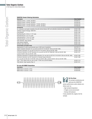 216 METTLER TOLEDO USA
TotalOrganicCarbon
Total Organic Carbon
A TOC Sensor for Critical Water Release
5000TOCi Sensor Ordering Information
Description Order Number
5000TOCi Sensor, 110VAC, 50/60Hz 58 036 031
5000TOCi Sensor, 220VAC, 50/60Hz 58 036 032
5000TOCi Sensor, Low ppb calibration, 110VAC, 50/60Hz 58 036 033
5000TOCi Sensor, Low ppb calibration, 220VAC, 50/60Hz 58 036 034
Accessories
Kit, Calibration and System Suitability Test with UniCond Sensor (SST and calibration standards sold separately) 58 091 566
Validation Support Package, 5000TOCi 58 091 570
Pump Module 58 091 565
Pipe Mounting Kit, 3.8cm (1-1/2) pipe 58 091 521
Pipe Mounting Kit, 5 cm (2) pipe 58 091 522
Pipe Mounting Kit, 7.6 cm (3) pipe 58 091 523
Pipe Mounting Kit, 10 cm (4) pipe 58 091 524
Filter Assembly, High capacity 58 091 550
High pressure regulator 58 091 552
Stainless steel outlet tube 58 091 553
Consumables and Spare Parts
Replacement UV Lamp (recommended every 4,500 hours of operation) 58 079 513
System Suitability Standards (For use with Cal/SST KIT P/N 58 091 559 and 58 091 566) 58 091 526
Calibration Standards (For use with Cal/SST KIT P/N 58 091 559 and 58 091 566) 58 091 529
Combined Calibration and SST Standards (For use with Cal/SST KIT P/N58 091 559 and 58 091 566; 58 091 537
contains 58 091 526 and 58 091 529)
Calibration Standards for Extended Range Calibration (For use with Cal/SST KIT P/N 58 091 559 and 58 091 566) 58 091 568
Combined Calibration and SST Solutions for Extended Range Calibration 58 091 569
(For use with Cal/SST KIT P/N 58 091 559 and 58 091 566; contains 58 091 526 and 58 091 568)
Fuse, 1.25A, Sensor PCB (For use on both 110VAC and 220VAC Models) 58 091 519
Filter element, High Capacity (Pkg. 2) 58 091 551
?
Did You Know
The sample conditioning coil
optimizes the 5000TOCi
sensor performance under adverse con-
ditions such as:
– High sample temperature
– A highly humid environment
– Varying inlet pressure
It also prevents CO2 ingress into the
sample.
For use with M800 Transmitters
Description Order Number
M800 Water 2-channel +2 flow 58 000 802
M800 Water 4-channel +2 flow 58 000 804
 