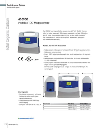 218 METTLER TOLEDO USA
www.mt.com/450TOC
TotalOrganicCarbon
Total Organic Carbon
Reliable Sample Delivery
450TOC
Portable TOC Measurement
The 450TOC Total Organic Carbon analyzer from METTLER TOLEDO Thornton
offers the fastest response to TOC changes available in a portable TOC system.
With its robust, portable design the 450TOC is an ideal tool for multi-point
TOC measurement for point-of-use monitoring, water system diagnostics,
and maintenance verification.
Portable, Real-time TOC Measurement
– Reduce system and component verification time by 80% with portable, real-time
total organic carbon analysis
– Ensure 100% system compliance with fast, simple and easy point-of- use moni-
toring
– Reduce system diagnostics time by 80% with fast, on-the-spot test results for
TOC and conductivity
– Quickly capture and analyze results with on-board USB stick data collection and
simple export to spreadsheet programs
– Eliminate costly sampling errors by bringing the measurement directly to the
sampling point
A
B C
Other Highlights
– Continuous measurement technology
for superior system profiling and
performance trending
– USB printer support for hard-copy
record keeping
– Compliant with USP, EP, Ch P and JP
Dimensions With Base Without Base
A 349mm (13.75) 324mm (12.75)
B 358mm (14.1) 334mm (13.15)
C 192mm (7.56) 185mm (7.30)
 