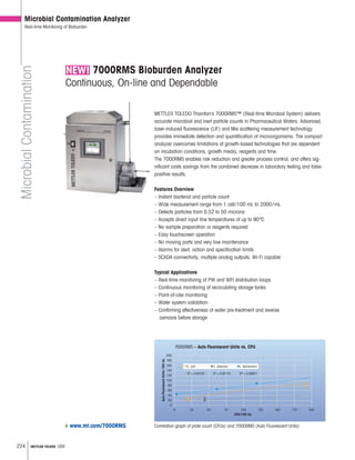 224 METTLER TOLEDO USA
MicrobialContamination
Microbial Contamination Analyzer
Real-time Monitoring of Bioburden
NEW! 7000RMS Bioburden Analyzer
Continuous, On-line and Dependable
Features Overview
– Instant bacterial and particle count
– Wide measurement range from 1 cell/100 mL to 2000/mL
– Detects particles from 0.52 to 50 microns
– Accepts direct input line temperatures of up to 90ºC
– No sample preparation or reagents required
– Easy touchscreen operation
– No moving parts and very low maintenance
– Alarms for alert, action and specification limits
– SCADA connectivity, multiple analog outputs, Wi-Fi capable
Typical Applications
– Real-time monitoring of PW and WFI distribution loops
– Continuous monitoring of recirculating storage tanks
– Point-of-Use monitoring
– Water system validation
– Confirming effectiveness of water pre-treatment and reverse
osmosis before storage
METTLER TOLEDO Thornton’s 7000RMS™ (Real-time Microbial System) delivers
accurate microbial and inert particle counts in Pharmaceutical Waters. Advanced,
laser-induced fluorescence (LIF) and Mie scattering measurement technology
provides immediate detection and quantification of microorganisms. The compact
analyzer overcomes limitations of growth-based technologies that are dependent
on incubation conditions, growth media, reagents and time.
The 7000RMS enables risk reduction and greater process control, and offers sig-
nificant costs savings from the combined decrease in laboratory testing and false-
positive results.
200
180
160
140
120
100
80
60
40
20
0
0 25 50 75 100 125 150 175 200
7000RMS – Auto Fluorescent Units vs. CFU
AutoFluorescentUnits/100mL
CFU/100 mL
E. coli C. albicans L. fermentum
R² = 0.95191 R² = 0.97115 R² = 0.99611
Correlation graph of plate count (CFUs) and 7000RMS (Auto Fluorescent Units)www.mt.com/7000RMS
 
