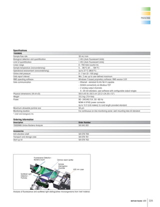 225METTLER TOLEDO USA
Pharma Water
Specifications
7000RMS
Sample flow rate 30 mL/min
Biological detection and quantification 1 AFU (Auto Fluorescent Units)
Limit of quantification 1 AFU (Auto Fluorescent Units)
Linear range 0–700 total counts/mL
Sample temperature (noncondensing) 5…90°C (41…194°F)
Operational environment (noncondensing) Up to 37°C (98.6°F)
Online inlet pressure 0–7 bar (0–100 psig)
Data report interval Min. 2 sec up to user-defined maximum
RMS operating software Windows 7-based proprietary software: RMS version 3.01
Data communication – Ethernet - standard RJ45/Wi-Fi capable
– SCADA connectivity via Modbus TCP
– 2 analog output channels:
4–20 mA standard, user-software with configurable output ranges
Physical dimensions (W×H×D) 56.4×61.6×30.5 cm (22.2×24.25×12)
Weight 33.3 kg (73.4 lbs)
Power 90–240VAC/5A, 50–60 Hz
NEMA 4/IP65 power connector
Up to 15 ft (4.6 meters) SJ cord length provided standard
Maximum allowable particle size 50 μm
Monitoring location For continuous on-line monitoring panel, wall mounting tabs kit standard
* (inert and biological)/mL
Ordering Information
Description Order Number
7000RMS Online Bacteria Analyzer 58 045 001
Accessories
Anti-vibration shelf 58 079 700
Transport and storage case 58 079 701
Start-up kit 58 079 702
Fluorescence Detection –
Bacteria Count Dichroic beam splitter
405 nm Laser
Sample
Interrogation
Chamber
Scattered Light
Detection –
Particles
Analysis of fluorescence and scattered light distinguishes microorganisms from inert material.
 