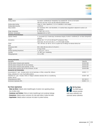 229METTLER TOLEDO USA
?
Did You Know
The 2300 Sodium
Analyzer provides
walk-away calibration and
automatic sensor calibration
Key Power Applications
– Make Up Water: Detects cation breakthroughs of sodium ions signaling exhaus-
tion of cation resin.
– Condenser and Polisher: Warns of cation breakthrough and condenser leakage.
– Economizer: Detects sodium carryover into inlet water before it enters the boiler.
– Superheater: Detects sodium carryover into steam to protect turbines.
Microelectr.
Power
Ordering Information
Description Order No.
2301Na Sodium Analyzer panel assembly 58 042 003
2301Na Sodium Analyzer with full door enclosure 58 042 004
2301Na Sodium Analyzer panel assembly, 24 VDC 58 042 007
2301Na Sodium Analyzer with full door enclosure, 24 VDC 58 042 008
Accessories and Consumables
Consumables kit 1 year - Includes sodium and pH electrodes, air filters, sample filter, diffusion 58 091 111
tubing, calibration kit, 7 and 10 pH buffer solutions
Calibration kit 1 year - Includes 120mL of 100ppm calibration standard, 60 mL of conditioning 58 091 108
solution, etch kit
Diisopropylamine (DIPA) 58 140 017
Ammonium Hydroxide 30% 58 091 114
Outputs
Analog outputs For sodium, conditioned pH, temperature; four powered 0/4–20 mA, 22 mA alarm,
500 ohm max load, not for use with externally powered circuits
Analog output scaling Linear, bi–linear, logarithmic (1,2,3 or 4 decades) or auto ranging
Analog output accuracy ±0.05 mA
Relay contacts two unpowered, SPDT, 250 VAC/30VDC, 3 A resistive freely assignable to setpoints for sodium, pH,
temperature
Range, temperature 0–100°C (32–212°F)
Resolution, temperature Adjustable 0.01 to 1°C/°F
Installation/Power/Enclosure
Operator interface 4–line backlit LCD, 5 tactile keys; simultaneous display of sodium, conditioned pH, cal status (temperature
optional)
Connections Sample inlet: 1/4 or 6 mm OD tube PP compression fitting
Drain hose: 19 x 25.4 mm (¾x1), 2 m (6 ft) length included
Power 100–240 VAC, 50–60 Hz, 25 W; on power loss all settings are retained without bat-
teries
Dimensions HWD 851x 450x165 mm (33.5x15.75x6.5)
Weight 4.5 kg (10 lbs)
Ambient operating temperature 5–50°C (41–122°F)
Humidity 10–90% non–condensing
Ratings/approvals CE, UL, IP65
 