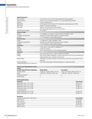 244 METTLER TOLEDO USA
Transmitters
Transmitters
Outstanding Performance, Advanced Electronics
Sample Connections
Inlet connection 	 3 mm (0.125) O.D. (2 m [6'] FDA compliant PTFE tubing supplied)
Outlet connection 	 6 mm (0.125) O.D. Barb connection (1.5 m [6'] flexible tubing provided)
Inlet filter 	 316 SS, inline 60 micron
Wetted parts 	 316 SS / Quartz / PEEK / Titanium / PTFE / Polyurethane (outlet tubing only) / EPDM
Wall mount 	 Standard, mounting tabs provided
Pipe mount 	 Optional, with pipe-mount bracket accessory
(for nominal pipe sizes 2.4 cm [1] to 10 cm [4])
Maximum sensor distance	 91 m (300')
Dissolved Oxygen	
Ranges		 0 – 20,000 ppb; 0 – 20 ppm, 0 – 200 % saturation; resolution 0.1 ppb
Temperature compensation	 Automatic, for membrane permeability and oxygen solubility
Accuracy		 ± 1 % of reading or ± 1 ppb, system accuracy
Dissolved Ozone
Ranges		 0 – 5,000 ppb, 0 – 5 ppm; resolution 0.1 ppb
Temperature compensation	 Automatic, for membrane permeability and ozone solubility
Accuracy		 ± 2 % of reading or ± 3 ppb, system accuracy
Temperature
Range		 – 40 to 200 °C (– 40 to 392 °F); resolution 0.1°
Accuracy		 ± 0.25 °C (± 0.45 °F)
Resolution		 0.01 °C for conductivity; 0.1 °C for all other parameters
PID Control
Display		 Auto / manual status and % – output on bottom line of display
Settings		Auto / manual, setpoint, deadband, non-linear corner points, control limits, proportional gain,
integral reset time (min), derivative rate time (min)
Manual station		Controlled by up / down arrow keys in manual mode; remote auto / manual selection by dis-
crete input
Control output types	 One or two analog signals, relays-pulse frequency, or relays-pulse length
* stainless steel sensors 0.02 to 3,000 µS / cm
Measurement Specifications (cont.)
Outputs
pH / ORP / Cond / DO / Ozone / Temperature	 Single-channel	 Two-channel
Setpoints / alarms	 4-high, low, outside, between, USP, EP 	 6-high, low, outside, between, USP or EP
Relays	 1 SPST NO, 1 SPST NC, 2 SPST reed 	 1 SPST NO, 1 SPST NC, 2 SPST reed
Analog output signals	 2	 4
Discrete inputs	 1	 2
Ordering Information		
Description	 Order Number
M300 Water mixed 1-CH 1/4 DIN	 30 280 776
M300 Water mixed 1-CH 1/2 DIN	 30 280 777
M300 Water mixed 2-CH 1/4 DIN	 30 280 778
M300 Water mixed 2-CH 1/2 DIN	 30 280 779
For Analog Sensors
M300 Cond/Analog 2-CH 1/4 DIN	 30 280 774
M300 Cond/Analog 2-CH 1/2 DIN	 30 280 775
Accessories			
Installation accessories for ½ DIN version	 Order Number
Pipe mount kit 	 30 300 480
Panel mount kit	 30 300 481
Wall mounting kit	 30 300 482
Protective hood	 30 073 328
M300 Pt100 kit	 52 121 332
updated 4/1/2016
 
