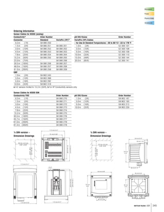 245METTLER TOLEDO USA
Microelectr.
Power
Pharma Water
Wastewater
Sensor Cables for M300 ISM
Conductivity / TOC	 		 Order Number		pH / DO / Ozone			 Order Number
	 0.3 m	 (1 ft)			 58 080 270		 1.0 m	 (3 ft)		 59 902 167
	 1.5 m	 (5 ft)			 58 080 271		 3.0 m	 (10 ft)		 59 902 193
	 3.0 m	 (10 ft)			 58 080 272		 5.0 m	 (16 ft)		 59 902 213
	 4.5 m	 (15 ft)			 58 080 273		10.0 m	 (33 ft)		 59 902 230
	 7.6 m	 (25 ft)			 58 080 274
	15.2 m	 (50 ft)			 58 080 275
30.5 m		 (100 ft)			 58 080 276
45.7 m		 (150 ft)			 58 080 277
61.0 m 	 (200 ft)			 58 080 278
91.4 m		 (300 ft)			 58 080 279
112 mm/4.41
92 mm +0.5 mm
3.62 +0.02
92mm+0.5
3.62+0.02
125mm/4.92
118mm/4.65
112mm/4.41
112 mm/4.41
91 mm/3.58
91mm/3.58
112mm/4.41
110mm/4.33
80 mm/3.15
136 mm
5.35
26 mm/1.02
136 mm/5.35150 mm/5.90
150 mm
5.90
68 mm/2.68
90 mm/3.54
90 mm
3.54
Ø 40 … 60 mm
137 mm +0.5 mm
5.39 +0.02
137mm+0.5mm
5.39+0.02
½ DIN version –
Dimension Drawings
¼ DIN version –
Dimension Drawings
112 mm/4.41
125mm/4.92
118mm/4.65
112mm/4.41
112 mm/4.41
91 mm/3.58
91mm/3.58
112mm/4.41
112mm/4.41
92mm+0.5mm
3.62+0.02
92 mm +0.5
3.62 +0.02
125 mm/4.92
118 mm/4.65
112 mm/4.41
112mm/4.41
91mm/3.58
91 mm/3.58
112 mm/4.41
110 mm/4.33 112 mm/4.41
92mm+0.5
3.62+0.02
125mm/4.92
118mm/4.65
112mm/4.41
112 mm/4.41
91 mm/3.58
91mm/3.58
112mm/4.41
80 mm/3.15
136 mm
5.35
26 mm/1.02
136 mm/5.35150 mm/5.90
150 mm
5.90
68 mm/2.68
90 mm/3.54
90 mm
3.54
Ø 4
137 mm +0.5 mm
5.39 +0.02
5mm
2
80 mm/3.15
136 mm
5.35
26 mm/1.02
136 mm/5.35150 mm/5.90
150 mm
5.90
68 mm/2.68
90 mm/3.54
Ø 40 … 60 mm
80 mm/3.15
136 mm
5.35
26
136 m150 mm/5.90
150 mm
5.90
68 mm/2.68
90 mm/3.54
90 mm
3.54
137 mm +0.5 mm
5.39 +0.02
Ordering Information		
Sensor Cables for M300 (analog)
Conductivity a			 Order Number			pH / DO / Ozone			 Order Number
	Connector			 Standard	 VarioPin (VP) b	 	VarioPin (VP) Cables
	 0.3 m	 (1 ft)		 58 080 250	 –		– for Use At Standard Temperatures – 30 to 80 °C / – 22 to 176 °F
	 1.5 m	 (5 ft)		 58 080 251	 58 080 201		 1.0 m	 (3 ft)		 52 300 107
	 3.0 m	 (10 ft)		 58 080 252	 58 080 202		 3.0 m	 (10 ft)		 52 300 108
	 4.5 m	 (15 ft)		 58 080 253	 58 080 203		 5.0 m	 (16 ft)		 52 300 109
	 7.6 m	 (25 ft)		 58 080 254	 58 080 204		10.0 m	 (33 ft)		 52 300 110
	15.2 m	 (50 ft)		 58 080 255	 58 080 205		15.0 m	 (49 ft)		 52 300 144
	23.0 m	 (75 ft)		 –	 58 080 206		20.0 m	 (65 ft)		 52 300 141
	30.5 m	 (100 ft)		 58 080 256	 58 080 207		
	46.0 m	 (150 ft)		 58 080 257	 58 080 208		
	61.0 m	 (200 ft)		 58 080 258	 58 080 209		
ORP				 			
	 1.0 m	 (3 ft)		 59 902 245		 	
	 3.0 m	 (10 ft)		 59 902 268			
	 5.0 m	 (16 ft)		 59 902 292			
	10.0 m	 (33 ft)		 59 902 318
a 4-E sensors limited to 15.2 m (50 ft), b For VP Conductivity sensors only
 