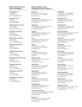 Mettler-Toledo Ingold  Thornton
Regional Sales Managers
Mettler-Toledo Ingold  Thornton
Representatives for the USA  Puerto Rico
Sales Manager East- US ACI Controls Inc. Neponset Controls
Dave Ferragamo 295 Main Street, W. Seneca, NY 14224 71 Elm Street Unit 1, Foxboro, MA 02035
Cell: 339 -223-8501 Tel: 315- 452-1171, Fax: 315-452-4608 Tel: 508-543-4801, Fax: 508-543-9852
Email: Dave.ferragamo@mt.com www.aci-controls.com www.neponsetcontrols.com
Sales Manager West – US Alliance Technical Sales Northeast Water Services
Doug Brees 312 Park Avenue, Unit 145 Clarendon Hills, IL 60514 67 Green Street, Foxboro, MA 02035
Cell: 949-246-9627 Tel: 630-321-9646, Fax: 630-321-9647 Tel: 508-203-2440, Fax: 508-203-2401
Email: doug.brees@mt.com www.alliancets.com www.ne-water.com
Aftermarket Services  Key Accts Mgr Applied Controls Optimal Biotech Group
Brian Vaillancourt 10325 East 58th Street South, Tulsa, OK 74146-6504 131 Industrial Rd, Unit 7 Belmont, CA 94002
Cell: 617-320-2249 Tel: 918-259-0020, Fax: 918-622-1502 Tel: 650-376-3837 Fax: 866-941-6822
Email: brian.vaillancourt@mt.com www.appliedcontrolscorp.com www.optimalbiotech.com
Central Regional Sales Manager Aqualogix Inc. Power Process Engineering
John Groetsch 3200 North MacDonald Street, Appleton, WI 54911 23800 Industrial Park Drive Farmington Hills, MI 48335
Cell: 630-730-6818 Tel: 920-730-2923, Fax: 920-730-2923 Tel: 248-473-8450, Fax: 248-473-0813
Email: john.groetsch@mt.com www.aqualogixinc.com www.venturegroups.com
Midatlantic Regional Sales Manager Entech Process Controls
Juan Valenzuela 1219 Winter Lane, Schwenksville, PA 19473 6519 Ferguson Street, Indianapolis, IN 46220
Cell: 215-534-5613 Tell: 610-287-0920, Fax: 800-863-2119 Tel: 800-593-3569, Fax: 317-259-1332
E-mail: Juan.valenzuela@mt.com www.entechcompany.com www.processcontrolscorp.com
Midwest Regional Sales Manager Escotech Inc Process Integration
Scott Little 2005 Italia St., San Juan, PR 00911 395 Surrey Drive, Bonita, CA 91902
Cell: 262-455-1619 Tel: 787-728-0552, Fax: 787-726-6648 Tel: 951-303-4293
Email: scott.little@mt.com www.escotechinc.com www.processintegration.com
Northeast Regional Sales Manager FLW Southeast Relevant Solutions
Erin White 4451 Canton Road, Marietta, GA 30066 3045 North Norfolk Street, Mesa, AZ 85215
Cell: 978-578-0159 Tel: 770-424-1731, Fax: 770-424-9733 Tell: 480-894-5451, Fax: 480-894-6267
E-mail: Erin.White@mt.com www.flwse.com www.controlswest.com
Pacific Northwest Regional Sales Manager Hatfield  Company Inc Tech Quip Inc
Steve Pierce 2475 Discovery Boulevard Rockwall, TX 75032 11711 Playa Court, Houston, TX 77034
Cell: 208-401-4139 Tell: 972-285-0115 Tel: 281-484-4830 Fax: 281-484-5456
E-mail: Steve.Pierce@mt.com www.hatfieldandcompany.com www.techquip.com
South Regional Sales Manager Heartland Controls TemPress Associates
David Mincer 19027 Jodi Road, Unit F Mokena IL 60448 12042 Southeast Sunnyside Road, # 550
Cell: 337-281-2694 Tell: 708-478-5210, Fax: 708-478-5211 Clackamas, OR 97015
E-mail: David.Mincer@mt.com www.heartland-controls.com Tell: 503- 655-4453 Fax: 503-655-8147
www.woa-tempress.com
Southeast Regional Sales Manager Jasper Engineering
Larry Hale 700 Hamel Road, Medina, MN 55340 Thermo Cense Incorporated
Cell: 912-655-2010 Tel: 952-938-6504, Fax: 952-935-7772 533 Capital Drive, Lake Zurich, IL 60047
E-mail: Larry.Hale@mt.com www.jaspereng.com Tel: 847-949-8070 Fax: 847-949-8074
www.thermocense.com
Southwest Regional Sales Manager Katz Kontrols
Amber Ratcliff 20924 Elenda Drive, Cupertino, CA 95014 Vanguard Controls Inc.
Cell:775-240-8597 Phone 408-725-8671, Fax 408-725-8678 1 Gold Mine Road, Flanders, NJ 07836
E-mail: Amber.Ratcliff@mt.com www.katzkontrols.com Tel: 973-691-2246, Fax: 973-691-2247
www.vci-analytical.com
Latech Equipment Inc.
1950 South 900 West, Salt Lake City, UT 84104 WGS Equipment  Controls
Tel: 801-886-1145 Fax: 801-886-1170 3060 Plaza Drive, Suite 110, Garnet Valley, PA 19061
www.latechequipment.com Tel: 610-459-8800, Fax: 610-459-8848
www.wgsequipment.com
Liquidyne Process Technologies
11919 I-70 Frontage Road #106 Wheat Ridge, CO 80033
Tel: 303-205-9050, Fax: 303-205-9052
www.liquidyneusa.com
Moody Price LLC
18320 Petroleum Drive, Baton Rouge, LA 70809
Tel: 225-767-7755, Fax: 225-761-6005
www.moodyprice.com
 