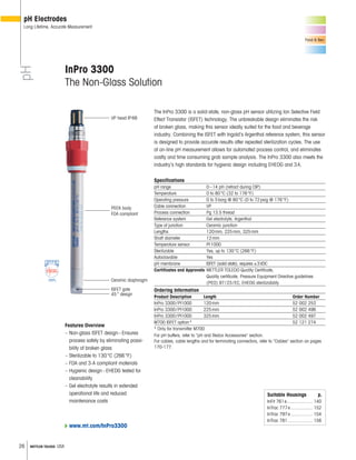 26 METTLER TOLEDO USA
Food & Bev.
The InPro 3300 is a solid-state, non-glass pH sensor utilizing Ion Selective Field
Effect Transistor (ISFET) technology. The unbreakable design eliminates the risk
of broken glass, making this sensor ideally suited for the food and beverage
industry. Combining the ISFET with Ingold’s Argenthal reference system, this sensor
is designed to provide accurate results after repeated sterilization cycles. The use
of on-line pH measurement allows for automated process control, and eliminates
costly and time consuming grab sample analysis. The InPro 3300 also meets the
industry’s high standards for hygienic design including EHEDG and 3A.
Specifications
pH range 0–14 pH (retract during CIP)
Temperature 0 to 80°C (32 to 176°F)
Operating pressure 0 to 5barg @ 80°C (0 to 72psig @ 176°F)
Cable connection VP
Process connection Pg 13.5 thread
Reference system Gel electrolyte, Argenthal
Type of junction Ceramic junction
Lengths 120mm, 225mm, 325mm
Shaft diameter 12mm
Temperature sensor Pt1000
Sterilizable Yes, up to 130°C (266°F)
Autoclavable Yes
pH membrane ISFET (solid state), requires ±3VDC
Certificates and Approvals METTLER TOLEDO Quality Certificate,
Quality certificate, Pressure Equipment Directive guidelines
(PED) 97/23/EC, EHEDG sterilizability
Ordering Information
Product Description Length Order Number
InPro 3300/Pt1000 120mm 52 002 253
InPro 3300/Pt1000 225mm 52 002 496
InPro 3300/Pt1000 325mm 52 002 497
M700 ISFET option* 52 121 274
* Only for transmitter M700
For pH buffers, refer to “pH and Redox Accessories" section.
For cables, cable lengths and for terminating connectors, refer to “Cables” section on pages
170-177.
InPro 3300
The Non-Glass Solution
VP head IP68
PEEK body
FDA compliant
Ceramic diaphragm
45° design
ISFET gate
Suitable Housings p.
InFit 761e.................... 140
InTrac 777e................. 152
InTrac 797e................. 154
InTrac 781 ................... 156
pH
pH Electrodes
Long Lifetime, Accurate Measurement
Features Overview
– Non-glass ISFET design–Ensures
process safety by eliminating possi-
bility of broken glass
– Sterilizable to 130°C (266°F)
– FDA and 3-A compliant materials
– Hygienic design–EHEDG tested for
cleanability
– Gel electrolyte results in extended
operational life and reduced
maintenance costs
www.mt.com/InPro3300
 