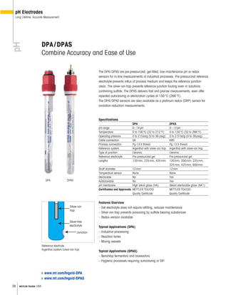 38 METTLER TOLEDO USA
pH
pH Electrodes
Long Lifetime, Accurate Measurement
The DPA/DPAS are pre-pressurized, gel-filled, low-maintenance pH or redox
sensors for in-line measurements of industrial processes. Pre-pressurized reference
electrolyte prevents influx of process medium and keeps the reference junction
clean. The silver-ion trap prevents reference junction fouling even in solutions
containing sulfide. The DPAS delivers fast and precise measurements, even after
repeated autoclaving or sterilization cycles at 130°C (266°F).
The DPA/DPAS sensors are also available as a platinum redox (ORP) sensor for
oxidation-reduction measurements.
Specifications
DPA DPAS
pH range 0–14pH 0–12pH
Temperature 0 to 100°C (32 to 212°F) 0 to 130°C (32 to 266°F)
Operating pressure 0 to 2.5barg (0 to 36 psig) 0 to 2.5 barg (0 to 36psig)
Cable connection S8 K8S
Process connection Pg 13.5 thread Pg 13.5 thread
Reference system Argenthal with silver-ion trap Argenthal with silver-ion trap
Type of junction Ceramic Ceramic
Reference electrolyte Pre-pressurized gel Pre-pressurized gel
Lengths 120mm, 225mm, 425mm 120mm, 200mm, 225mm,
325mm, 425mm, 600mm
Shaft diameter 12mm 12mm
Temperature sensor None None
Sterilizable No Yes
Autoclavable No Yes
pH membrane High alkali glass (HA) Steam sterilizable glass (A41)
Certificates and Approvals METTLER TOLEDO METTLER TOLEDO
Quality Certificate Quality Certificate
Features Overview
– Gel electrolyte does not require refilling, reduces maintenance
– Silver-ion trap prevents poisoning by sulfide-bearing substances
– Redox version available
Typical Applications (DPA)
– Industrial processing
– Reaction tanks
– Mixing vessels
Typical Applications (DPAS)
– Benchtop fermentors and bioreactors
– Hygienic processes requiring autoclaving or SIP
Silver-ion
trap
Silver-free
electrolyte
Junction
DPA/DPAS
Combine Accuracy and Ease of Use
Reference electrode
Argenthal system/silver-ion trap
DPASDPA
www.mt.com/Ingold-DPA
www.mt.com/Ingold-DPAS
 