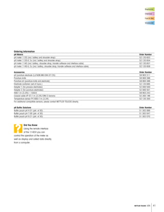 41METTLER TOLEDO USA
Biopharma
Chemical
Food & Bev.
Wastewater
Ordering Information
pH Meters Order Number
pH meter 1120 (incl. battery and shoulder strap) 52 120 653
pH meter 1120-X, Ex (incl. battery and shoulder strap) 52 120 654
pH meter 1140 (incl. battery, shoulder strap, transfer software and interface cable) 52 120 657
pH meter 1140-X, Ex (incl. battery, shoulder strap, transfer software and interface cable) 52 120 658
Accessories Order Number
pH puncture electrode (LoT406-M6-DXK-S7/25) 59 903 311
Puncture knife 59 900 386
Puncture kit (puncture knife and electrode) 59 900 388
Electrode container (set of 5pcs.) 52 120 695
Adapter 1 (for process electrodes) 52 000 500
Adapter 2 (for puncture electrodes) 52 000 501
AS9/1m (3.3ft)/–1550D 59 902 243
Coaxial cable VP ST/1m (3.3ft)/DIN/2 banana 52 300 186
Temperature sensor Pt1000/1m (3.3ft) 52 120 350
For additional compatible sensors, please contact METTLER TOLEDO directly.
pH Buffer Solutions Order Number
Buffer pouch pH 4.01 (pkt. of 30) 51 302 069
Buffer pouch pH 7.00 (pkt. of 30) 51 302 047
Buffer pouch pH 9.21 (pkt. of 30) 51 302 070
Did You Know
Using the remote interface
of the 1140X you can
control the operation of the meter as
well as display and collect data directly
from a computer.
?
 