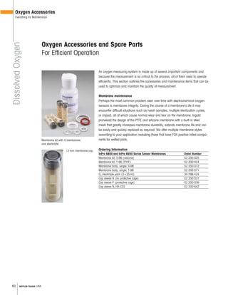 60 METTLER TOLEDO USA
Oxygen Accessories and Spare Parts
For Efficient Operation
An oxygen measuring system is made up of several important components and
because the measurement is so critical to the process, all of them need to operate
efficiently. This section outlines the accessories and maintenance items that can be
used to optimize and maintain the quality of measurement.
Membrane maintenance
Perhaps the most common problem seen over time with electrochemical oxygen
sensors is membrane integrity. During the course of a membrane’s life it may
encounter difficult situations such as harsh samples, multiple sterilization cycles,
or impact, all of which cause normal wear and tear on the membrane. Ingold
pioneered the design of the PTFE and silicone membrane with a built-in steel
mesh that greatly increases membrane durability, extends membrane life and can
be easily and quickly replaced as required. We offer multiple membrane styles
according to your application including those that have FDA positive listed compo-
nents for wetted parts.
Ordering Information
InPro 6800 and InPro 6000 Series Sensor Membranes Order Number
Membrane kit, S-96 (silicone) 52 200 025
Membrane kit, T-96 (PTFE) 52 200 024
Membrane body, single, S-96 52 200 072
Membrane body, single, T-96 52 200 071
O2
electrolyte pack (3×25ml) 30 298 424
Cap sleeve N (no protective cage) 52 200 037
Cap sleeve P (protective cage) 52 200 038
Cap sleeve N, HA-C22 52 200 642
Membrane kit with 4 membranes
and electrolyte
12mm membrane cap
DissolvedOxygen
Oxygen Accessories
Everything for Maintenance
 