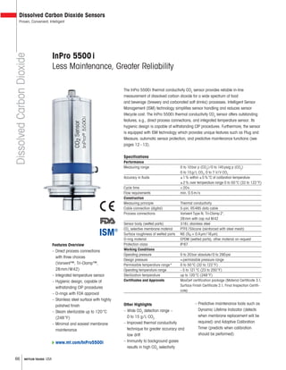 66 METTLER TOLEDO USA
InPro 5500i
Less Maintenance, Greater Reliability
Dissolved Carbon Dioxide Sensors
Proven, Convenient, Intelligent
Features Overview
– Direct process connections
with three choices
(Varivent™, Tri-Clamp™,
28mm/M42)
– Integrated temperature sensor
– Hygienic design, capable of
withstanding CIP procedures
– O-rings with FDA approval
– Stainless steel surface with highly
polished finish
– Steam sterilizable up to 120°C
(248°F)
– Minimal and easiest membrane
maintenance
Other Highlights
– Wide CO2
detection range –
0 to 15 g/L CO2
– Improved thermal conductivity
technique for greater accuracy and
low drift
– Immunity to background gases
results in high CO2
selectivity
The InPro 5500i thermal conductivity CO2
sensor provides reliable in-line
measurement of dissolved carbon dioxide for a wide spectrum of food
and beverage (brewery and carbonated soft drinks) processes. Intelligent Sensor
Management (ISM) technology simplifies sensor handling and reduces sensor
lifecycle cost. The InPro 5500i thermal conductivity CO2
sensor offers outstanding
features, e.g., direct process connections, and integrated temperature sensor. Its
hygienic design is capable of withstanding CIP procedures. Furthermore, the sensor
is equipped with ISM technology which provides unique features such as Plug and
Measure, automatic sensor protection, and predictive maintenance functions (see
pages 12–13).
Specifications
Performance
Measuring range 0 to 10bar p (CO2
)/0 to 145psig p (CO2
)
0 to 15g/L CO2
, 0 to 7 V/V CO2
Accuracy in fluids ±1% within ±5%°C of calibration temperature
±2% over temperature range 0 to 50°C (32 to 122°F)
Cycle time <20s
Flow requirements min. 0.5m/s
Construction
Measuring principle Thermal conductivity
Cable connection (digital) 5-pin, RS485 data cable
Process connections Varivent Type N, Tri-Clamp 2",
28mm with cap nut M42
Sensor body (wetted parts) 316L stainless steel
CO2
selective membrane material PTFE/Silicone (reinforced with steel mesh)
Surface roughness of wetted parts N5 (Ra = 0.4μm/16μin)
O-ring material EPDM (wetted parts), other material on request
Protection class IP67
Working Conditions
Operating pressure 0 to 20bar absolute/0 to 290psi
Design pressure =permissible pressure range
Permissible temperature range* 0 to 50°C (32 to 122°F)
Operating temperature range –5 to 121°C (23 to 250°F)
Sterilization temperature up to 120°C (248°F)
Certificates and Approvals MaxCert certification package (Material Certificate 3.1,
Surface Finish Certificate 2.1, Final Inspection Certifi-
cate)
DissolvedCarbonDioxide
www.mt.com/InPro5500i
– Predictive maintenance tools such as
Dynamic Lifetime Indicator (detects
when membrane replacement will be
required) and Adaptive Calibration
Timer (predicts when calibration
should be performed)
 