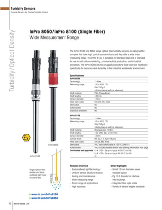 70 METTLER TOLEDO USA
opticalfiber
InPro 8050/InPro 8100 (Single Fiber)
Wide Measurement Range
The InPro 8100 and 8050 single optical fiber turbidity sensors are designed for
samples that have high particle concentrations and they offer a wide linear
measuring range. The InPro 8100 is available in stainless steel and is intended
for use in cell culture monitoring, pharmaceutical production, and industrial
processes. The InPro 8050 utilizes a rugged polysulfone body and was developed
specifically for accuracy and durability in the industrial wastewater environment.
Specifications
InPro 8050
Technology 1–fiber
Measuring range 10 to 4000 FTU
0 to 250g/L
(diatomaceous earth as reference)
Shaft material PSU (Polysulfone)
Shaft lengths 120mm
Sensor diameter 12mm
Fiber optic cable 6m (19.7ft), fixed
Sterilizable No
Autoclavable No
Explosion protection No
InPro 8100
Technology 1–fiber
Measuring range 10 to 4000 FTU
0 to 250g/L
(diatomaceous earth as reference)
Shaft material Stainless steel (316L)
Shaft lengths 120, 205, 297 or 407mm
Sensor diameter 12mm
Surface finish N5 (Ra = 0.4μm/16μin)
Fiber optic cable 3m (9.8ft), fixed
Sterilizable Yes, steam sterilizable at 130°C (266°F)
Autoclavable Yes, for autoclavable version see ordering information next page
Certificates and Approvals Ex II 1/2G–Ex op is/op pr IIA 95°C Ga/Gb
Ex II 1/2G–Ex op is/op pr IIB 38°C Ga/Gb
3.1
Features Overview
– Backscattered light technology
– Uniform sensor structure reduces
fouling and maintenance
– Wide measuring range
– Broad range of applications
– High accuracy
Other Highlights
– Small 12mm diameter saves
valuable space
– Pg 13.5 threads for interface
into housings
– Integrated fiber optic cable
– Variety of sensor lengths available
Single optical fiber:
emitted and back-
scattered light travel
on same fiber.
Turbidity/OpticalDensity
Turbidity Sensors
Durable Sensors for Precise Turbidity Control
InPro 8050
InPro 8100
www.mt.com/InPro8100
www.mt.com/InPro8050
 
