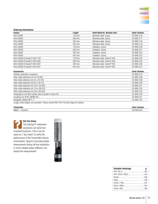 73METTLER TOLEDO USA
Biopharma
Chemical
?
Did You Know
The CaliCap™ calibration
accessory can serve two
important functions. First it can be
used as a “dry check” to verify the
performance of the Transmitter/Sensor
combination. Second it provides stable
measurement during off-line calibration
in small vessels where reflection can
disturb the measurement.
Ordering Information
Sensor Length Shaft Material, Window Seal Order Number
InPro 8200 120mm Stainless steel, Epoxy 52 800 216
InPro 8200 205mm Stainless steel, Epoxy 52 800 217
InPro 8200 297mm Stainless steel, Epoxy 52 800 218
InPro 8200 407mm Stainless steel, Epoxy 52 800 219
InPro 8200 120mm Hastelloy, Epoxy 52 800 220
InPro 8200 205mm Hastelloy, Epoxy 52 800 221
InPro 8200 297mm Hastelloy, Epoxy 52 800 222
InPro 8200 407mm Hastelloy, Epoxy 52 800 223
InPro 8200/S/Kalrez®
-FDA/120 120mm Stainless steel, Kalrez®
-FDA 52 800 224
InPro 8200/S/Kalrez®
-FDA/205 205mm Stainless steel, Kalrez®
-FDA 52 800 225
InPro 8200/S/Kalrez®
-FDA/297 297mm Stainless steel, Kalrez®
-FDA 52 800 226
InPro 8200/S/Kalrez®
-FDA/407 407mm Stainless steel, Kalrez®
-FDA 52 800 227
Accessories Order Number
CaliCap calibration accessory 52 800 210
Fiber cable extension kit 3m (9.8ft) 52 800 228
Fiber cable extension kit 5m (16.4ft) 52 800 229
Fiber cable extension kit 6m (19.7ft) 52 800 230
Fiber cable extension kit 10m (32.8ft) 52 800 231
Fiber cable extension kit 15m (49.2ft) 52 800 232
Fiber cable extension kit 20m (65.6ft) 52 800 233
Couplings to link fiber cables (two included in every kit) 52 800 240
Coupling box IP65 (NEMA 4X) 52 800 241
Swagelok adapter NPT 1
2
" 52 800 242
Longer cable lengths are available. Please contact METTLER TOLEDO Ingold for details.
Transmitter Order Number
M800, 1-channel 30 026 633
Suitable Housings p.
InFit 761e.....................................140
InFit 762e/763e...........................142
InFlow ..........................................146
InDip ............................................148
InTrac 779e..................................152
InTrac 799e..................................154
InTrac 785 ....................................158
 